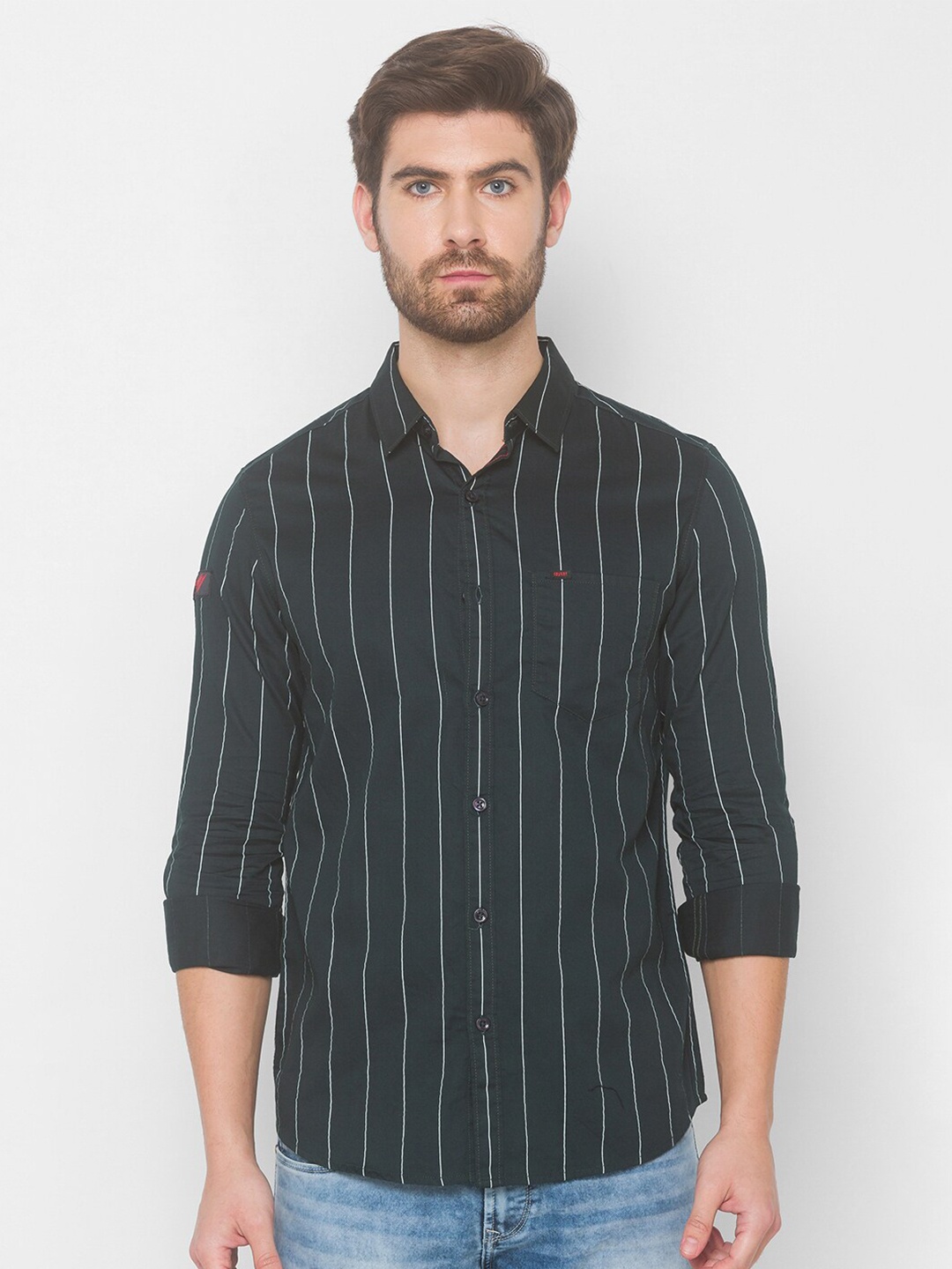

SPYKAR Men Green Striped Casual Shirt