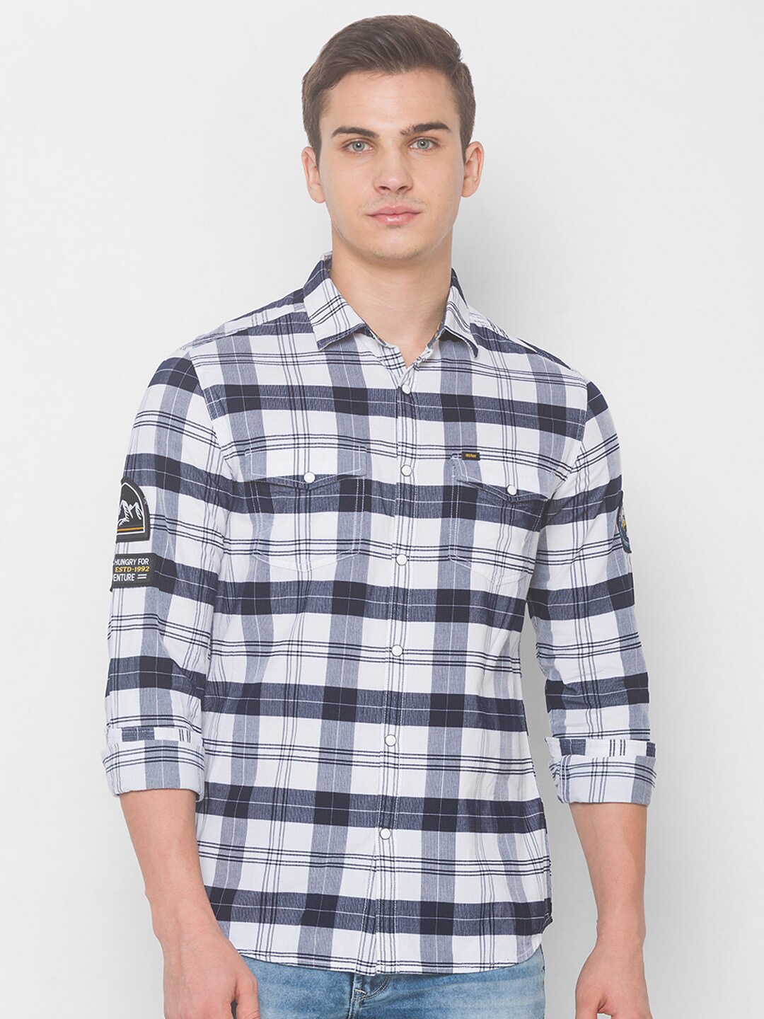

SPYKAR Men White Tartan Checks Checked Pure Cotton Casual Shirt
