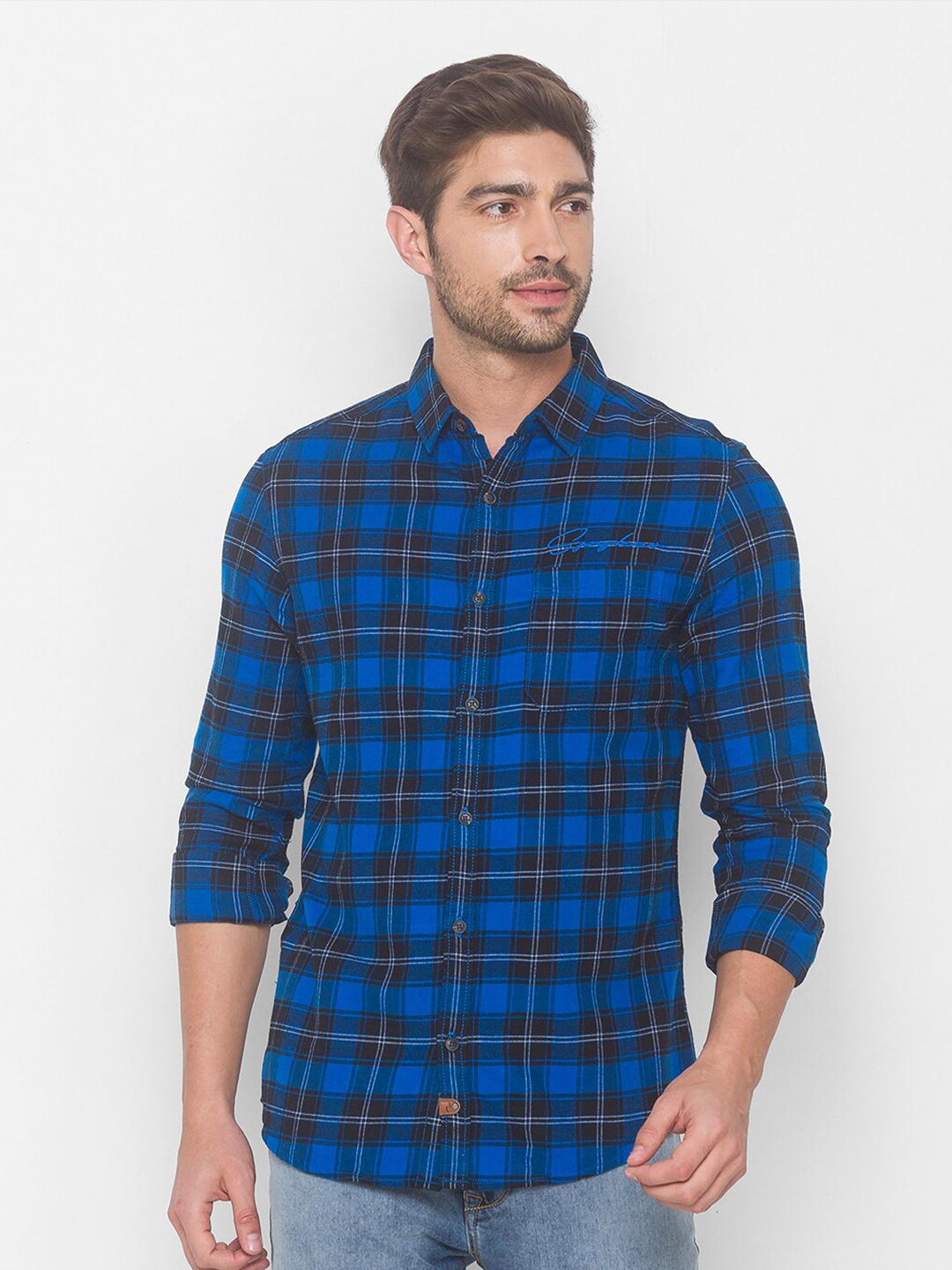 

SPYKAR Men Blue Checked Casual Shirt