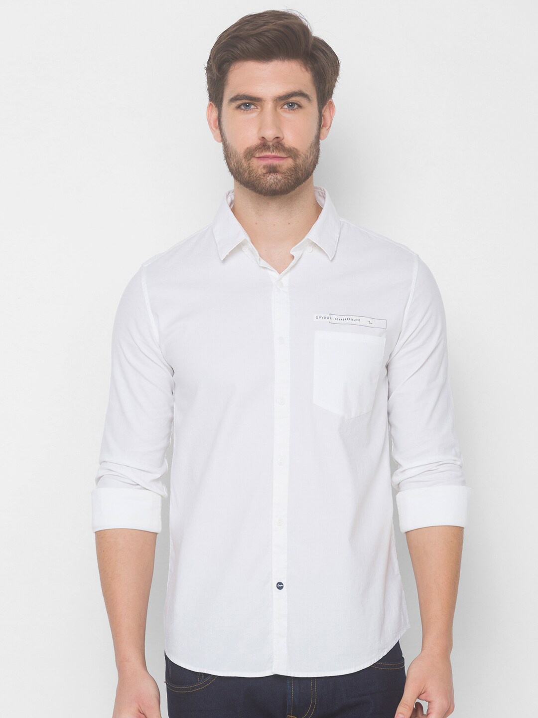 

SPYKAR Men White Solid Pure Cotton Casual Shirt