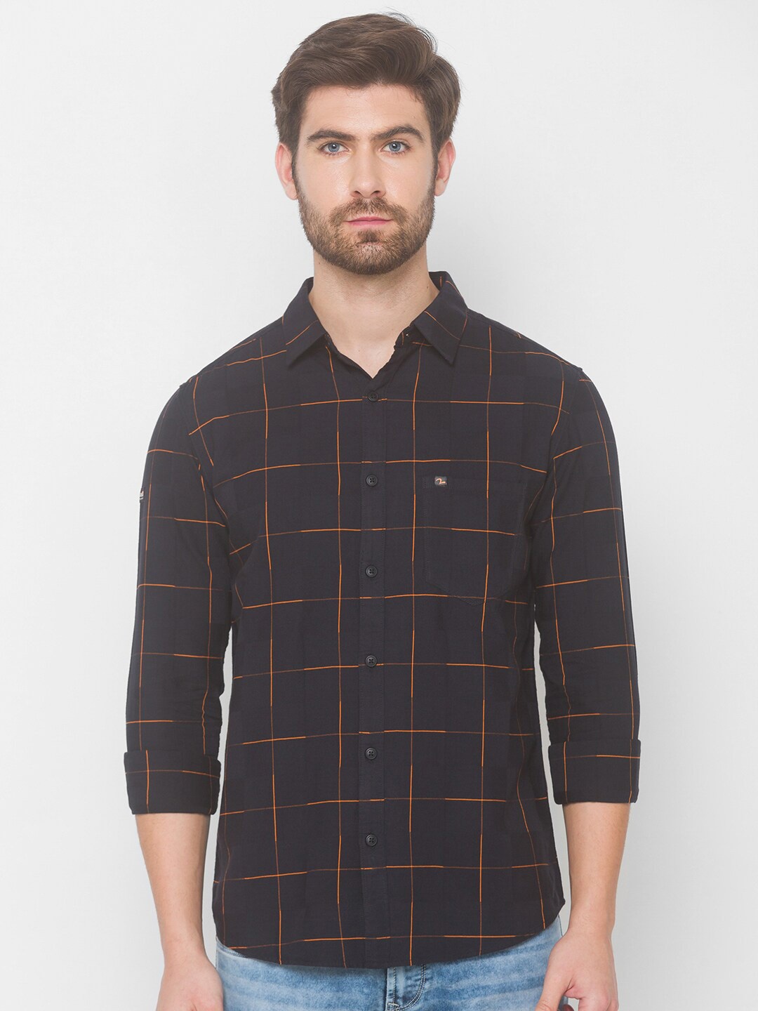 

SPYKAR Men Black Windowpane Checks Checked Pure Cotton Casual Shirt