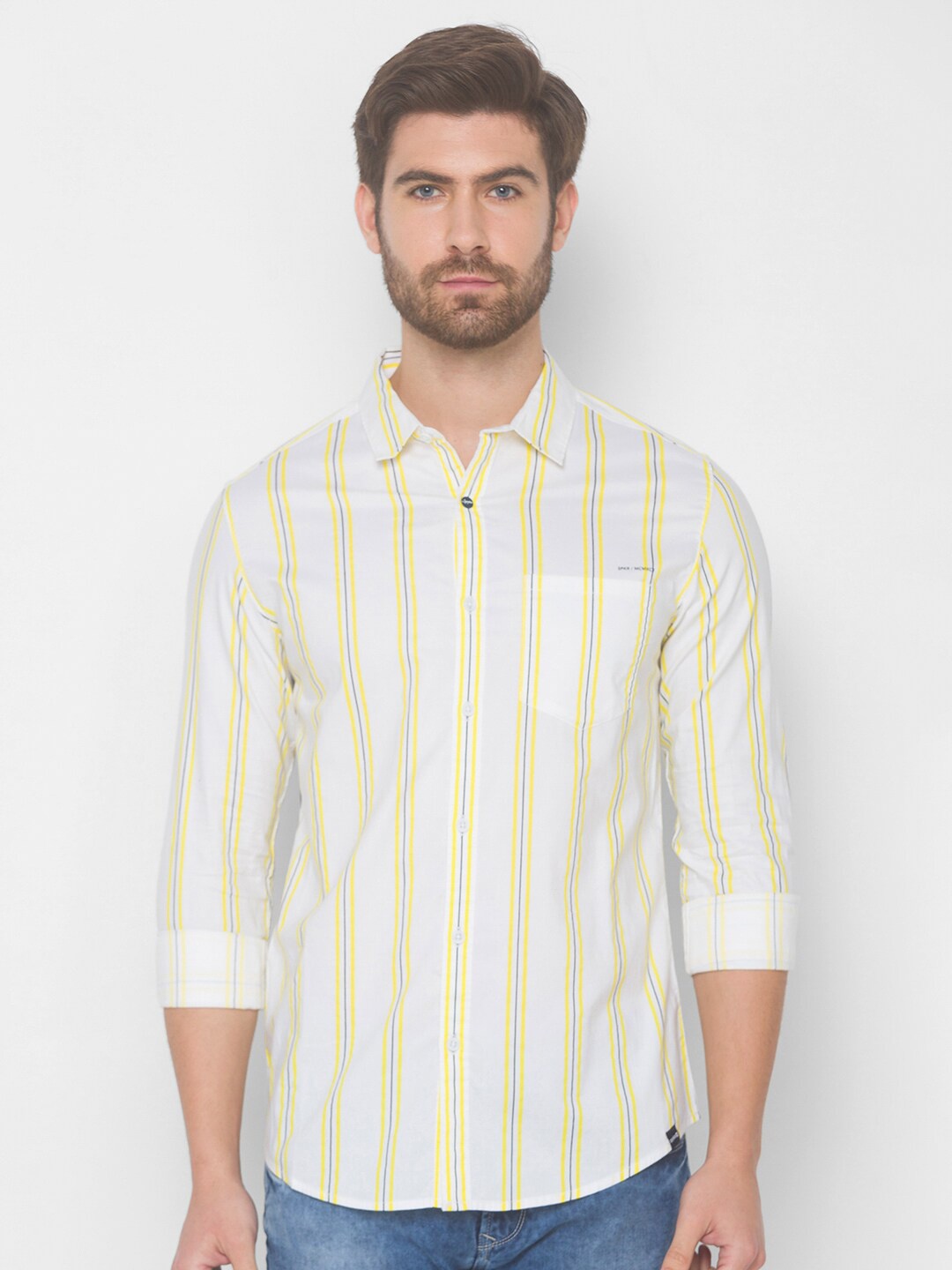 

SPYKAR Men Yellow Slim Fit Striped Casual Shirt