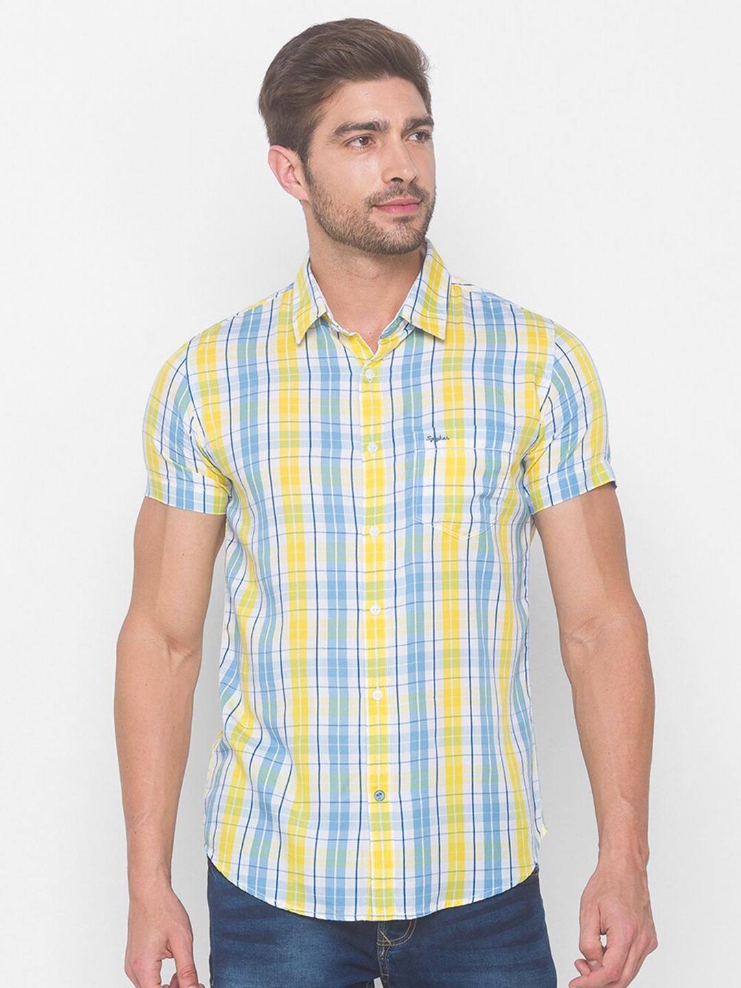 

SPYKAR Men Yellow Tartan Checks Checked Casual Shirt