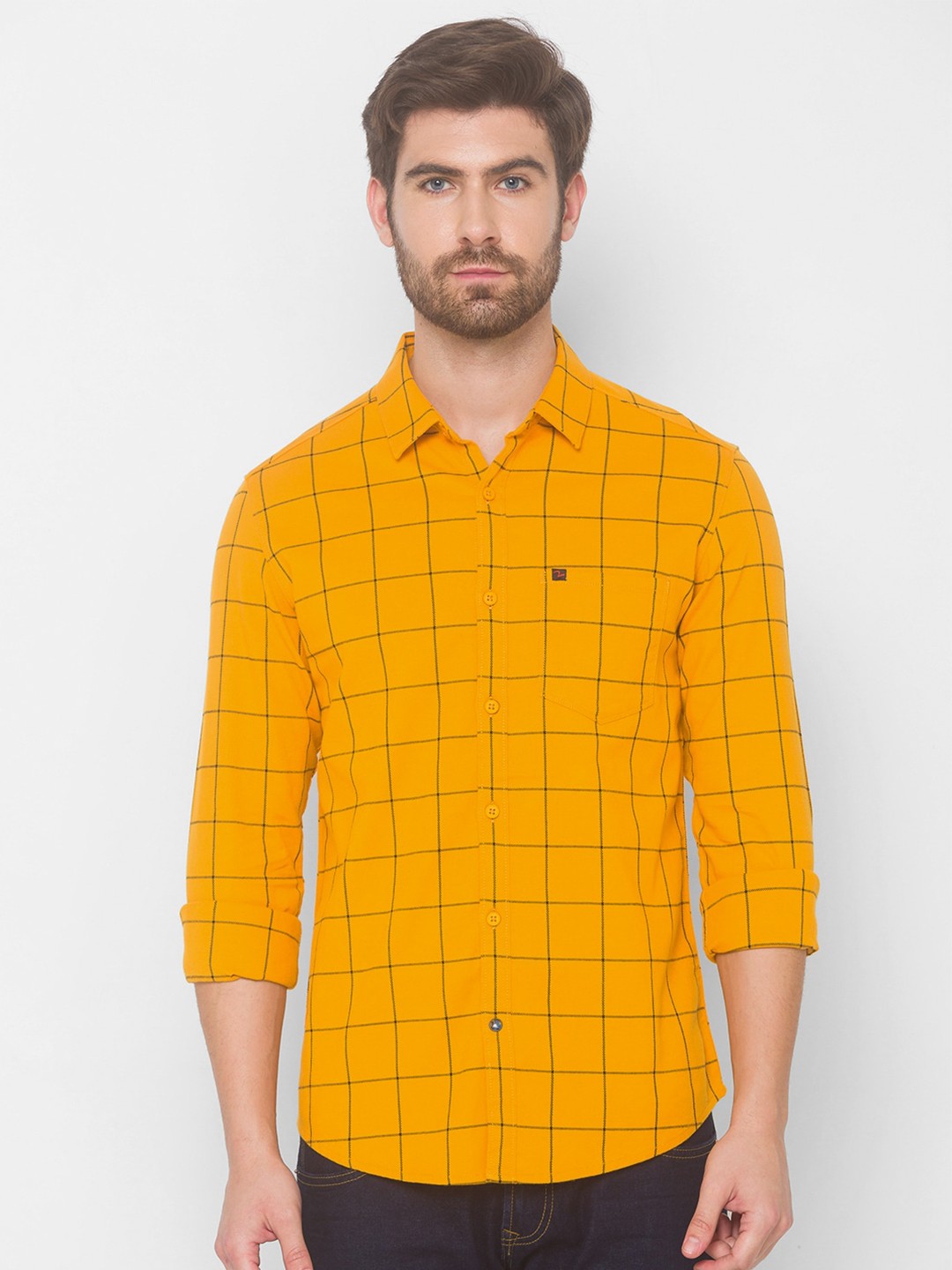 

SPYKAR Men Yellow Windowpane Checked Pure Cotton Casual Shirt