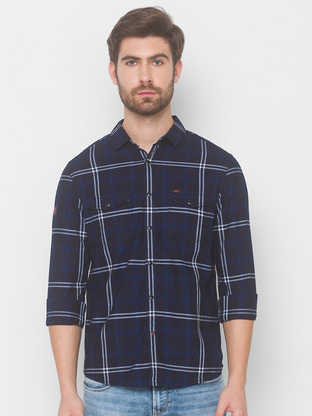 

SPYKAR Men Blue Windowpane Checks Checked Casual Shirt