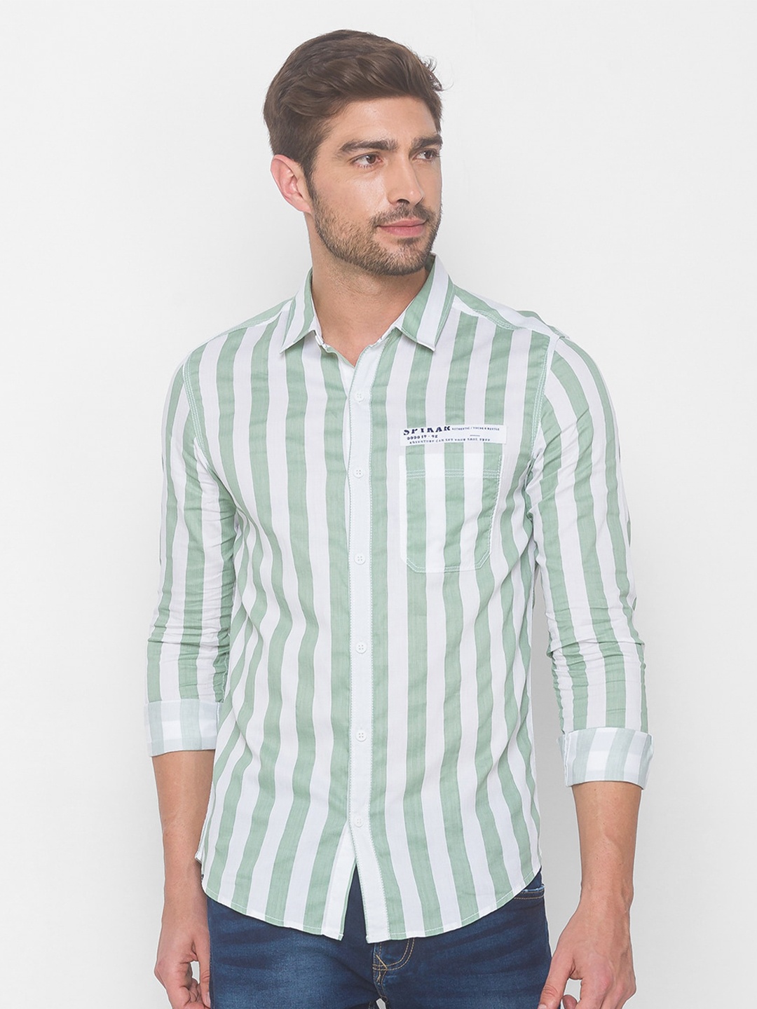 

SPYKAR Men Green Striped Casual Shirt