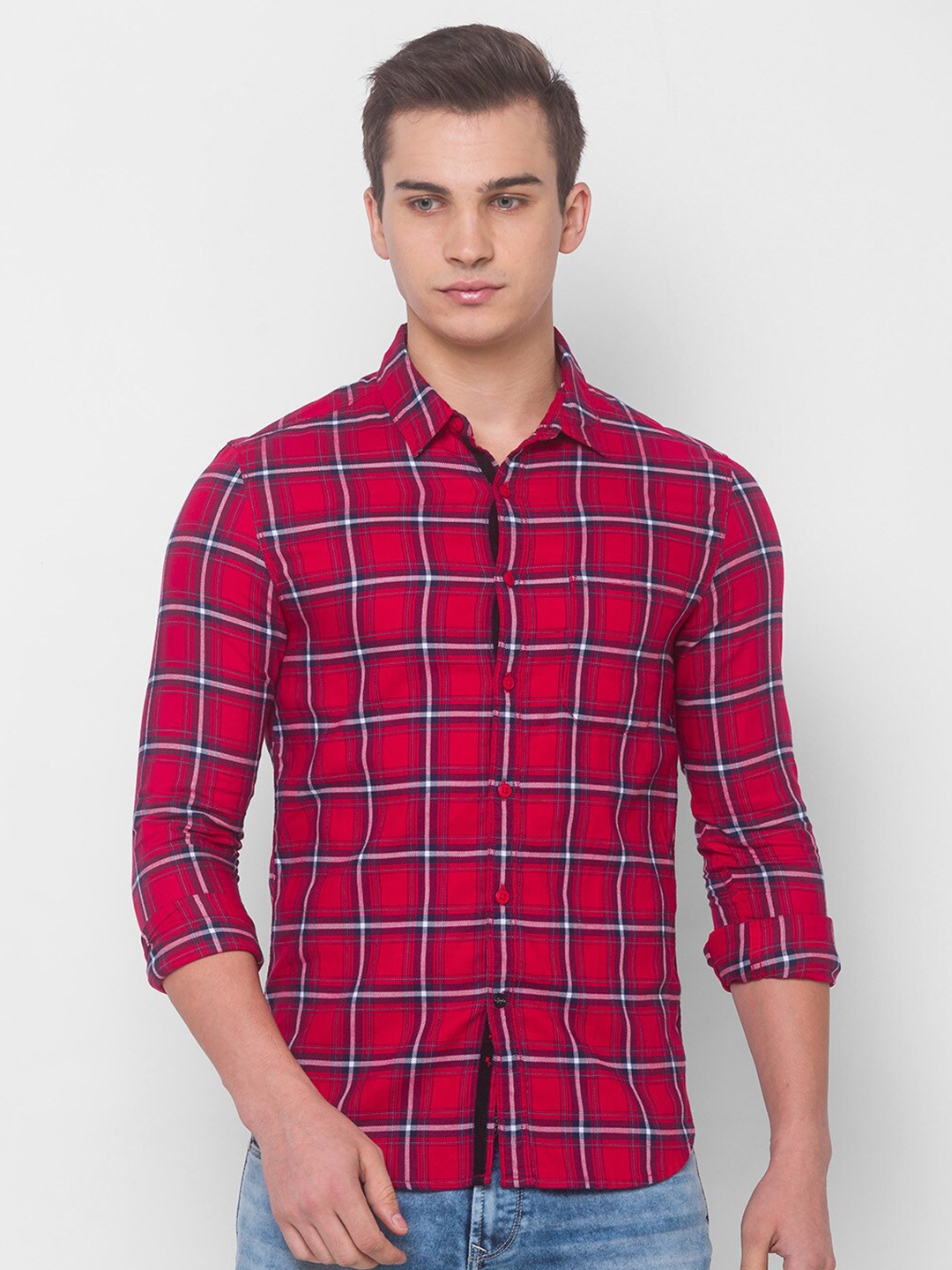 

SPYKAR Men Red Windowpane Checks Checked Casual Shirt