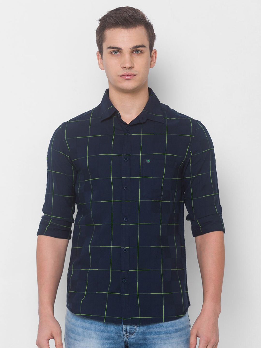 

SPYKAR Men Navy Blue Slim Fit Grid Tattersall Checks Checked Pure Cotton Casual Shirt