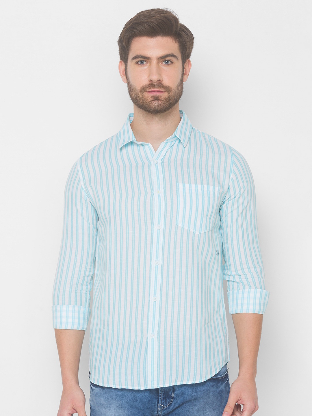 

SPYKAR Men Turquoise Blue Striped Casual Shirt