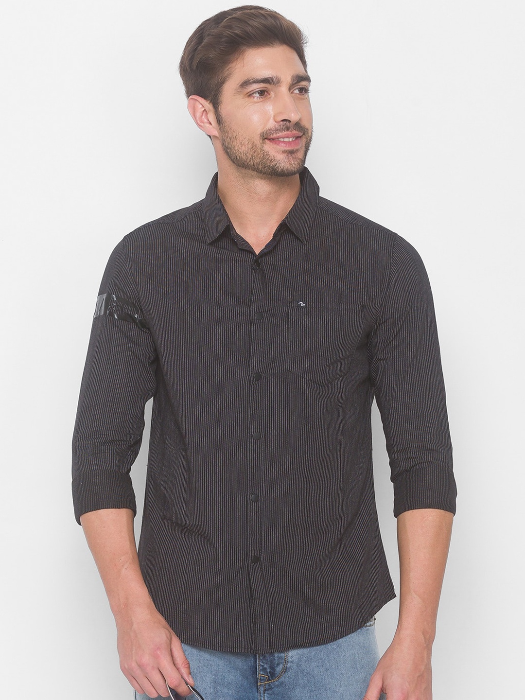 

SPYKAR Men Black Pinstripes Striped Casual Shirt