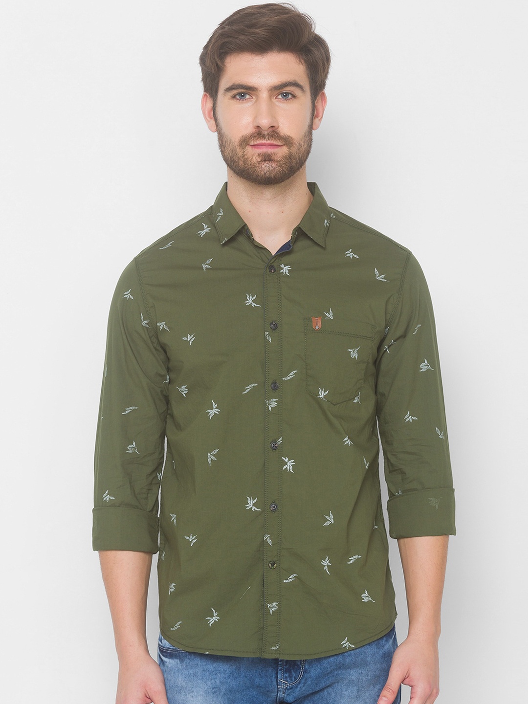 

SPYKAR Men Olive Green Slim Fit Printed Casual Shirt