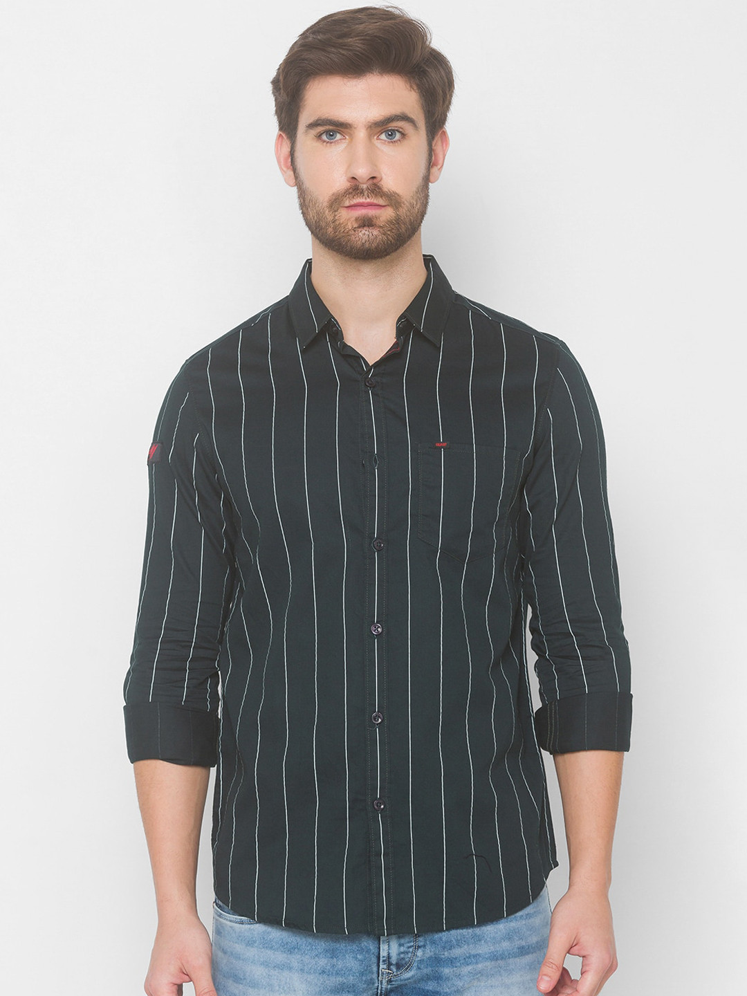 

SPYKAR Men Green Striped Casual Shirt