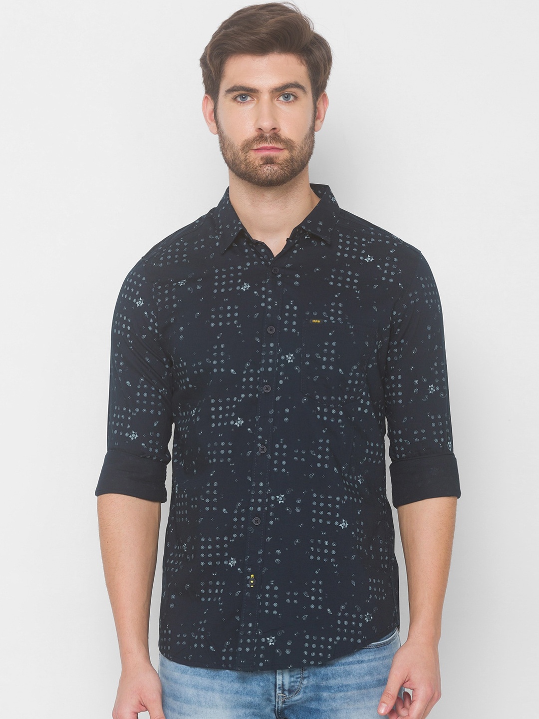 

SPYKAR Men Blue Printed Casual Pure Cotton Shirt