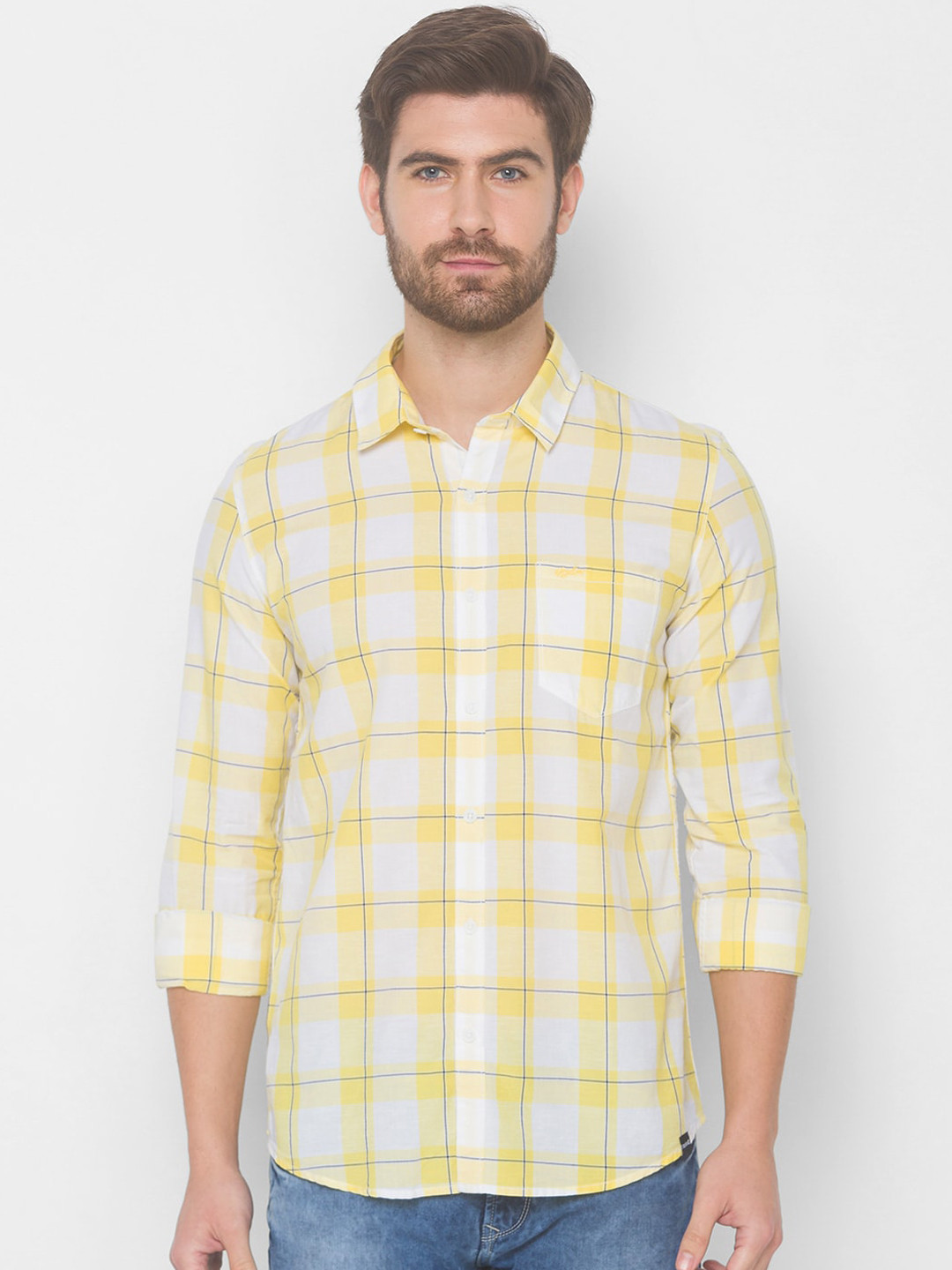 

SPYKAR Men Yellow Checked Casual Shirt