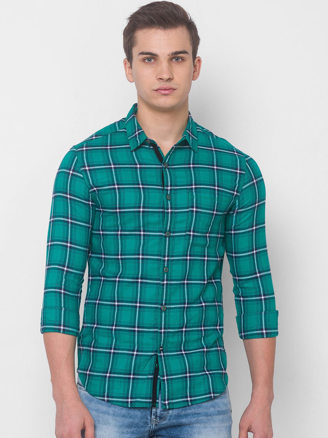 

SPYKAR Men Green Slim Fit Windowpane Checks Checked Pure Cotton Casual Shirt