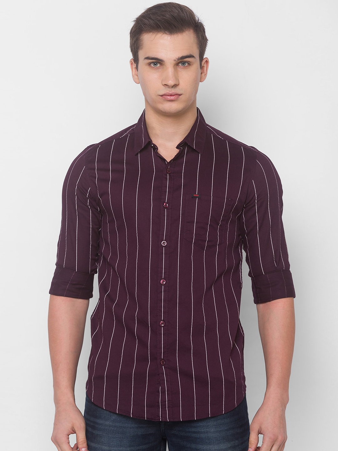 

SPYKAR Men Red Cotton Striped Casual Shirt