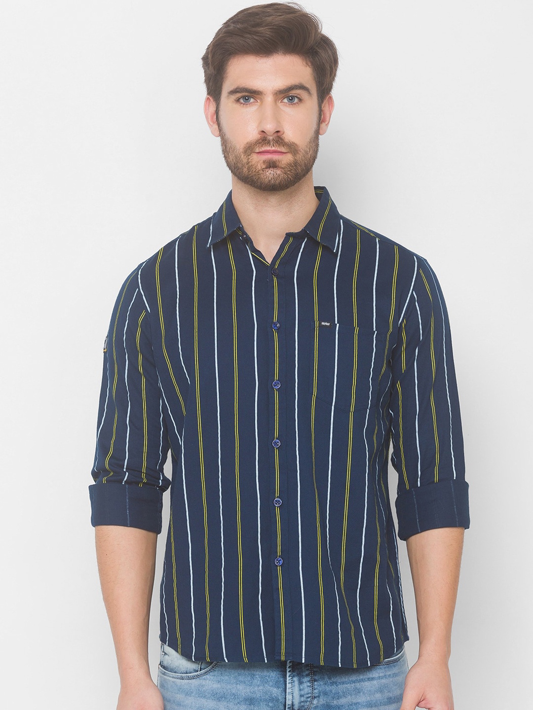 

SPYKAR Men Blue Striped Cotton Casual Shirt