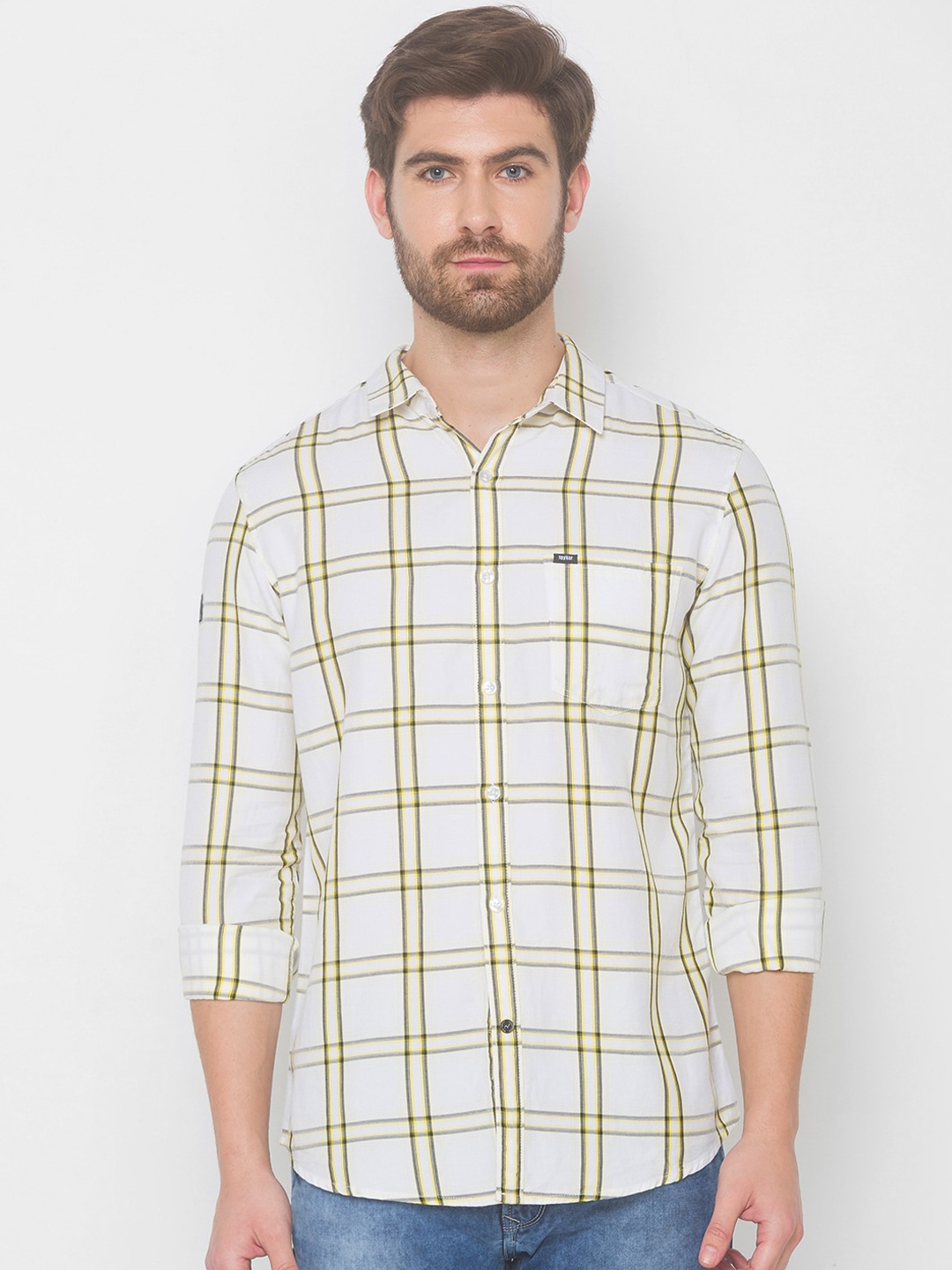 SPYKAR Men White Windowpane Checks Checked Casual Shirt
