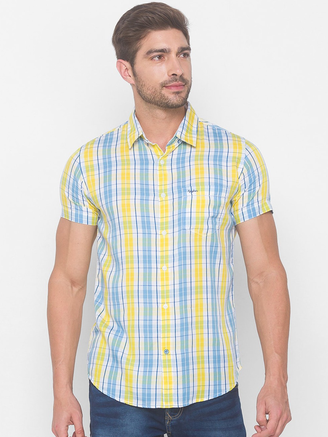 

SPYKAR Men Yellow & Blue Cotton Tartan Checks Checked Casual Shirt