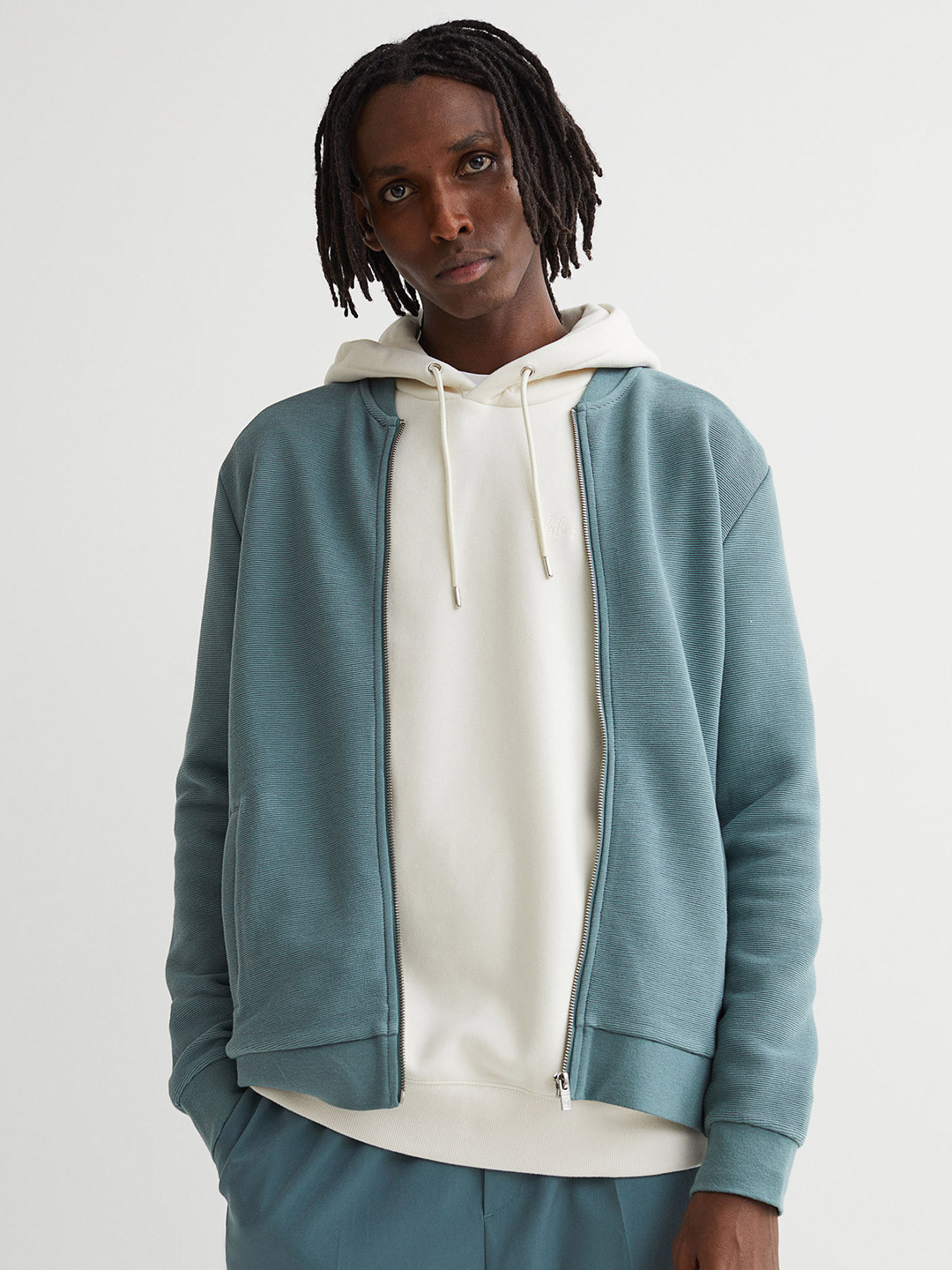 

H&M Men Solid Zipped Cardigan, Turquoise blue