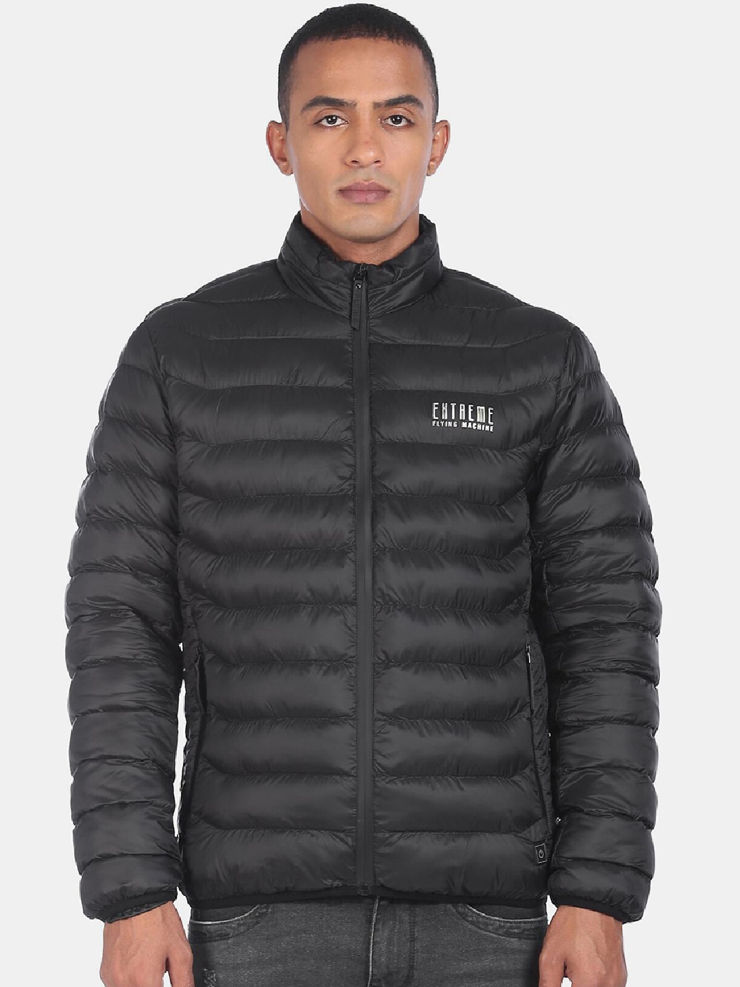 

Flying Machine Men Black Solid Stand Collar Puffer Jacket
