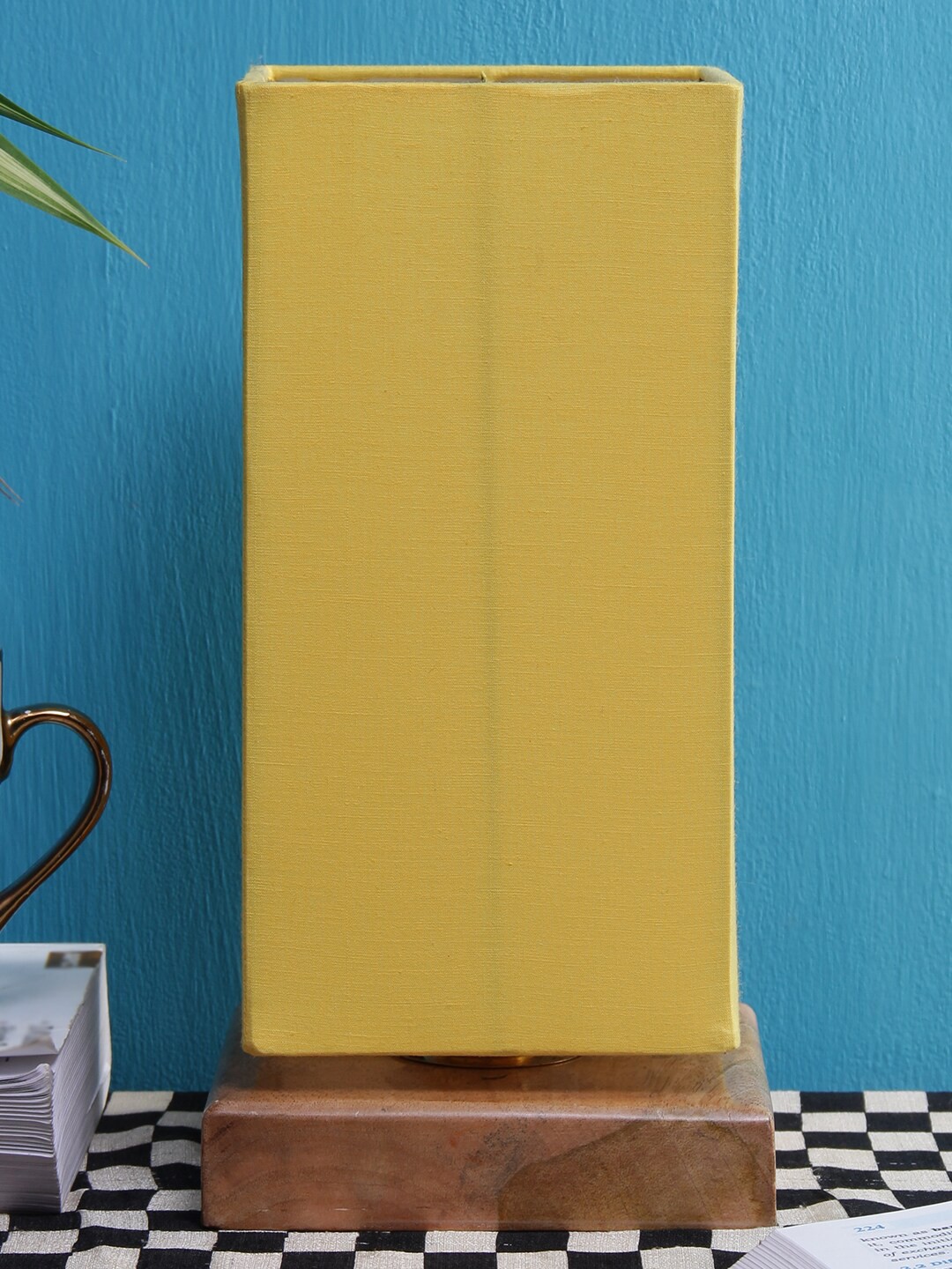 

Devansh Yellow Cotton Shade With Square Wood Base