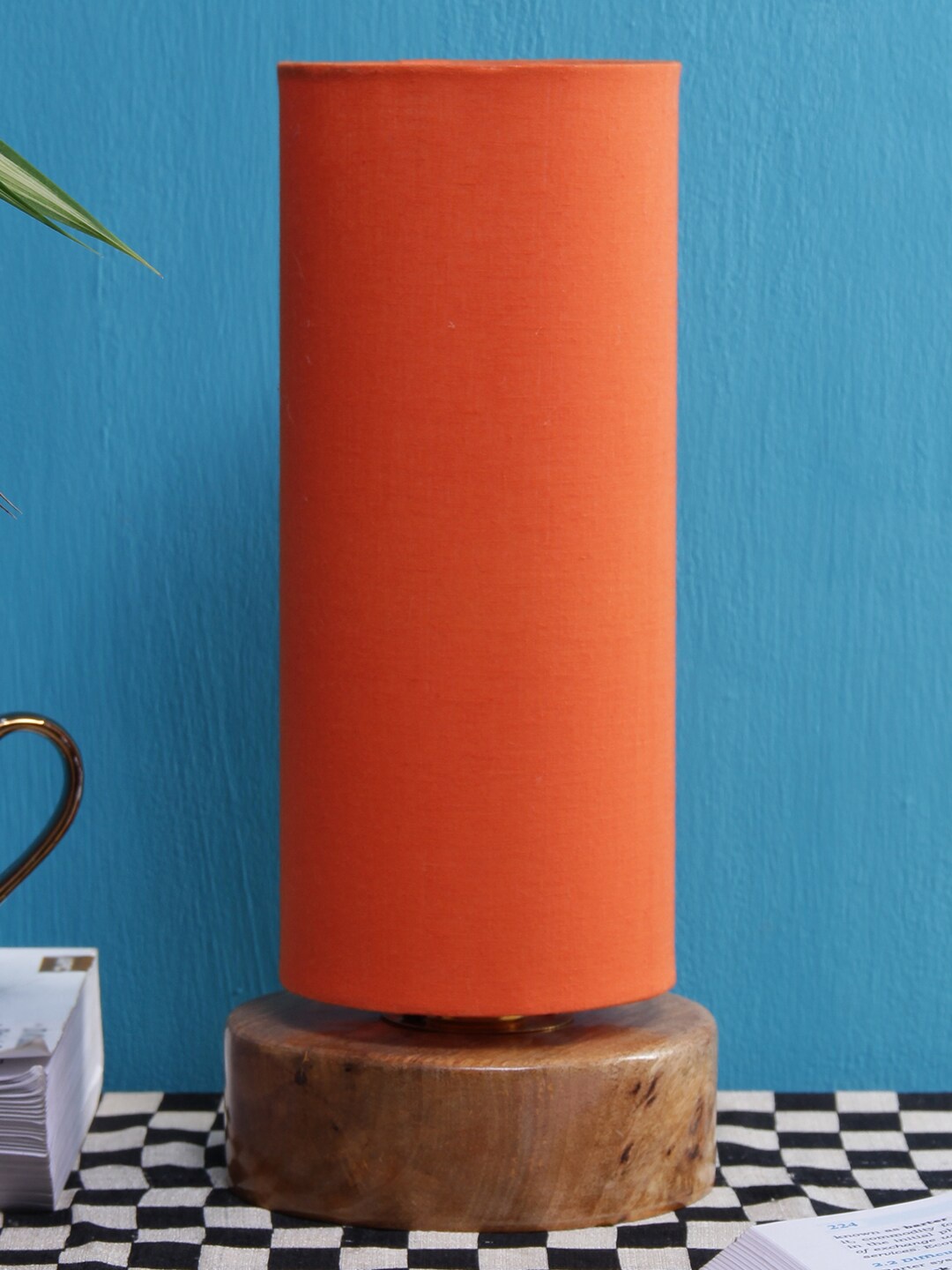 

Devansh Orange Cotton Shade With Round Wood Base