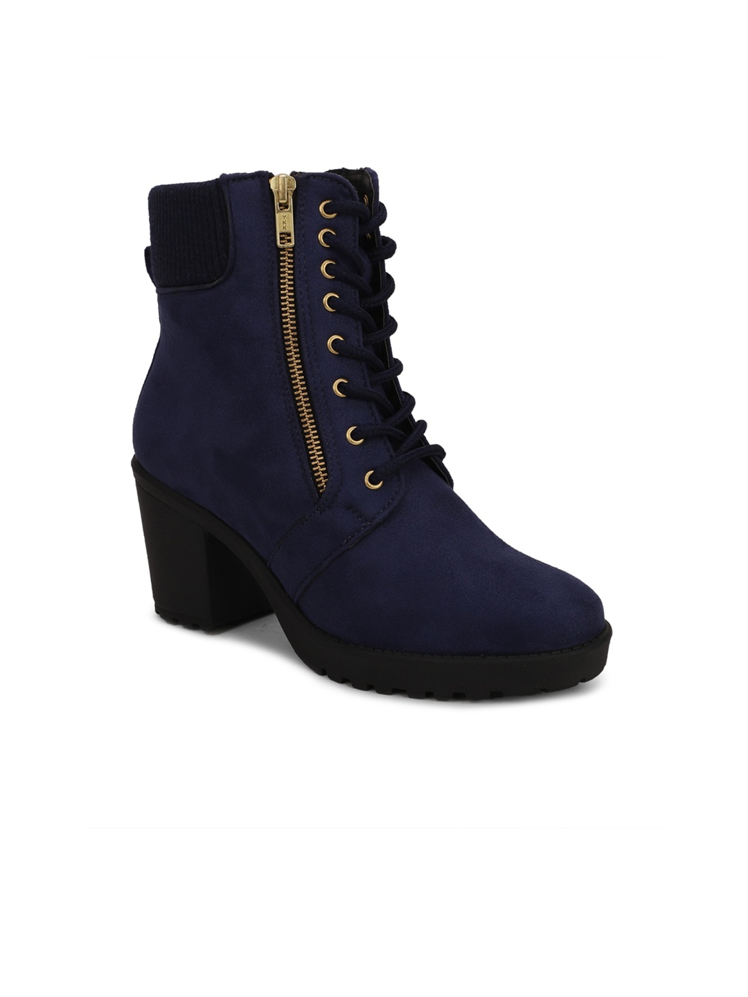 

Bruno Manetti Navy Blue Suede Block Heeled Boots with Laser Cuts