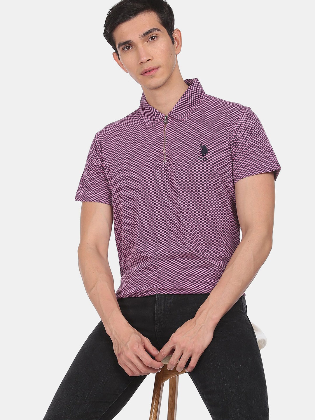 

U S Polo Assn Men Purple Checked Polo Collar Pure Cotton T-shirt