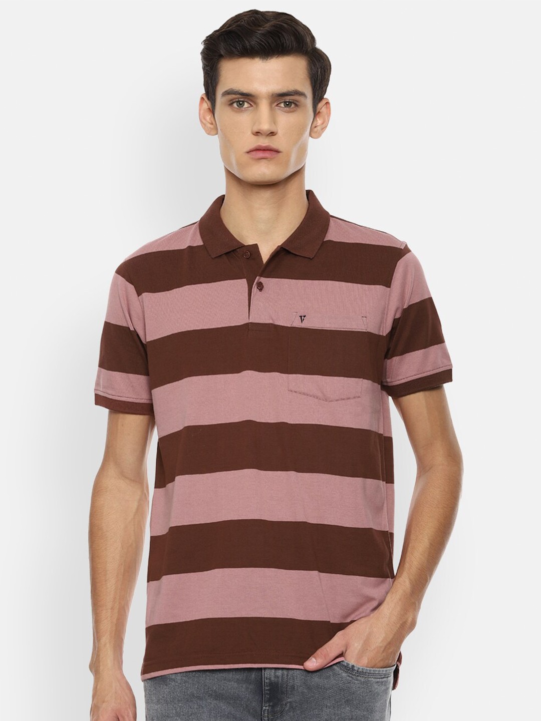 

Van Heusen Sport Men Maroon Striped Polo Collar Pockets T-shirt
