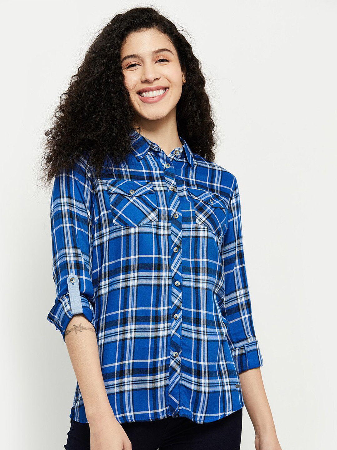 

Max Women Blue Tartan Checks Checked Casual Shirt