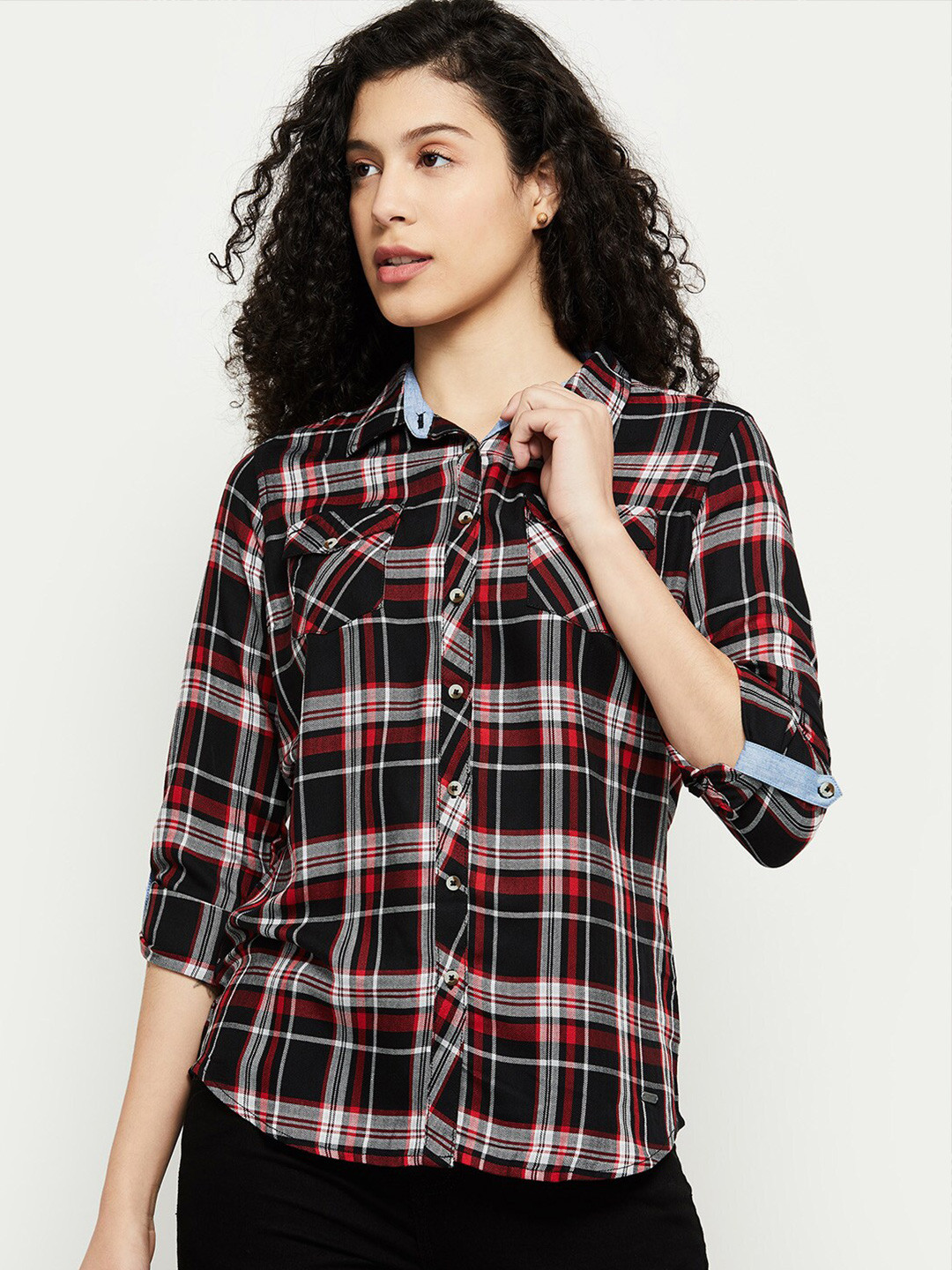 

max Women Black Tartan Checks Checked Casual Shirt