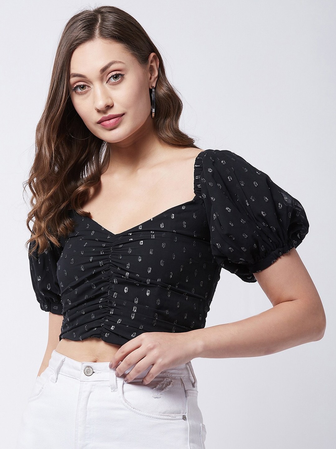 

MAGRE Women Black Sweetheart Neck Chiffon Crop Top