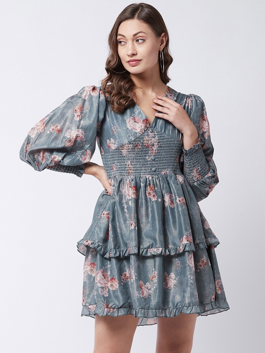 

MAGRE Grey Floral Bishop Sleeves Waist Smocking Dress