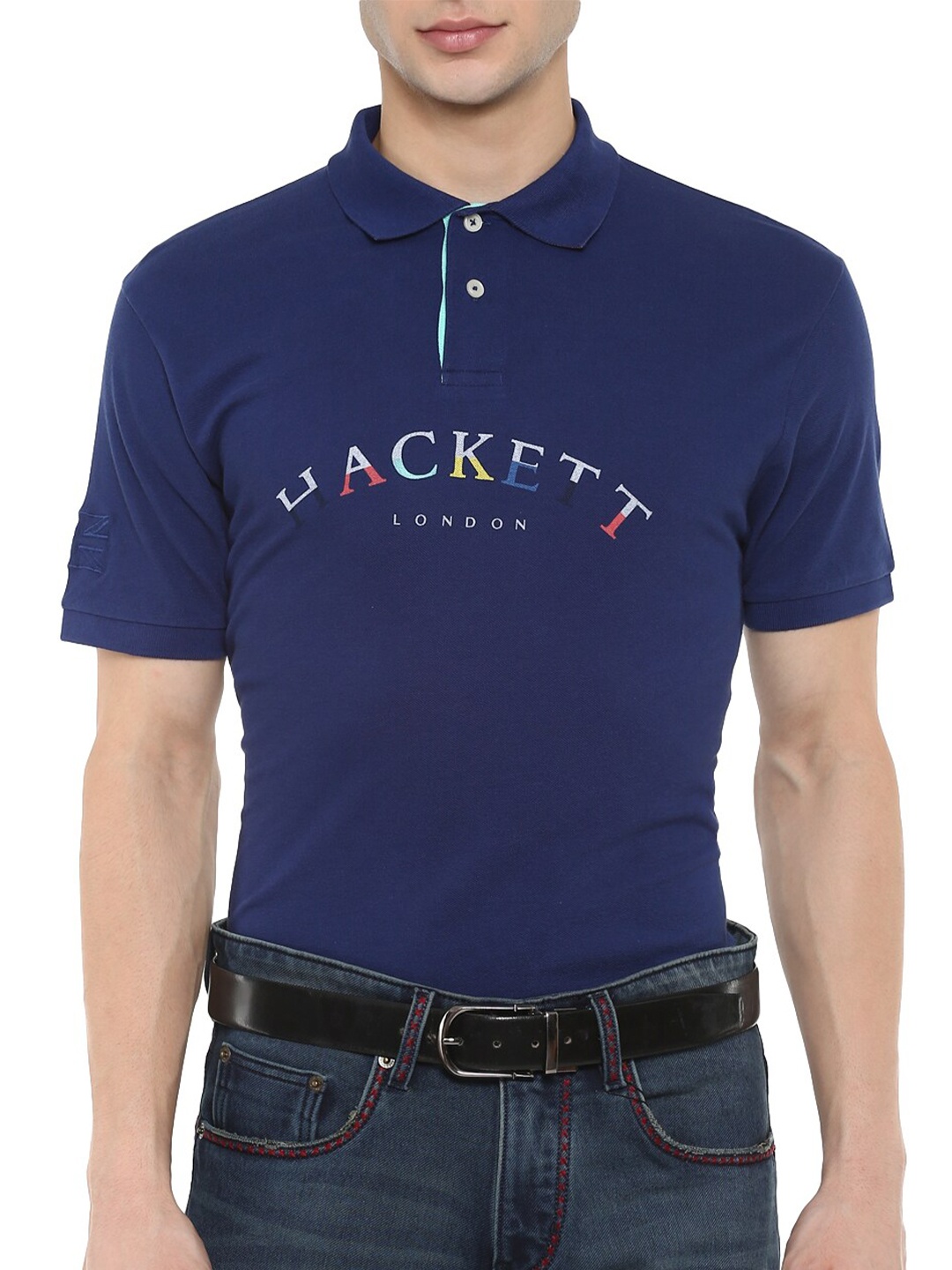 

HACKETT LONDON Men Blue Brand Logo Printed Cotton Polo Collar T-shirt