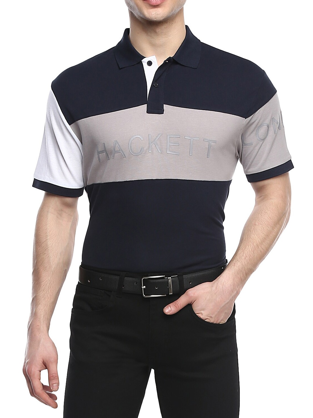 

HACKETT LONDON Men Navy Blue & Cream-Coloured Colourblocked Polo Collar T-shirt