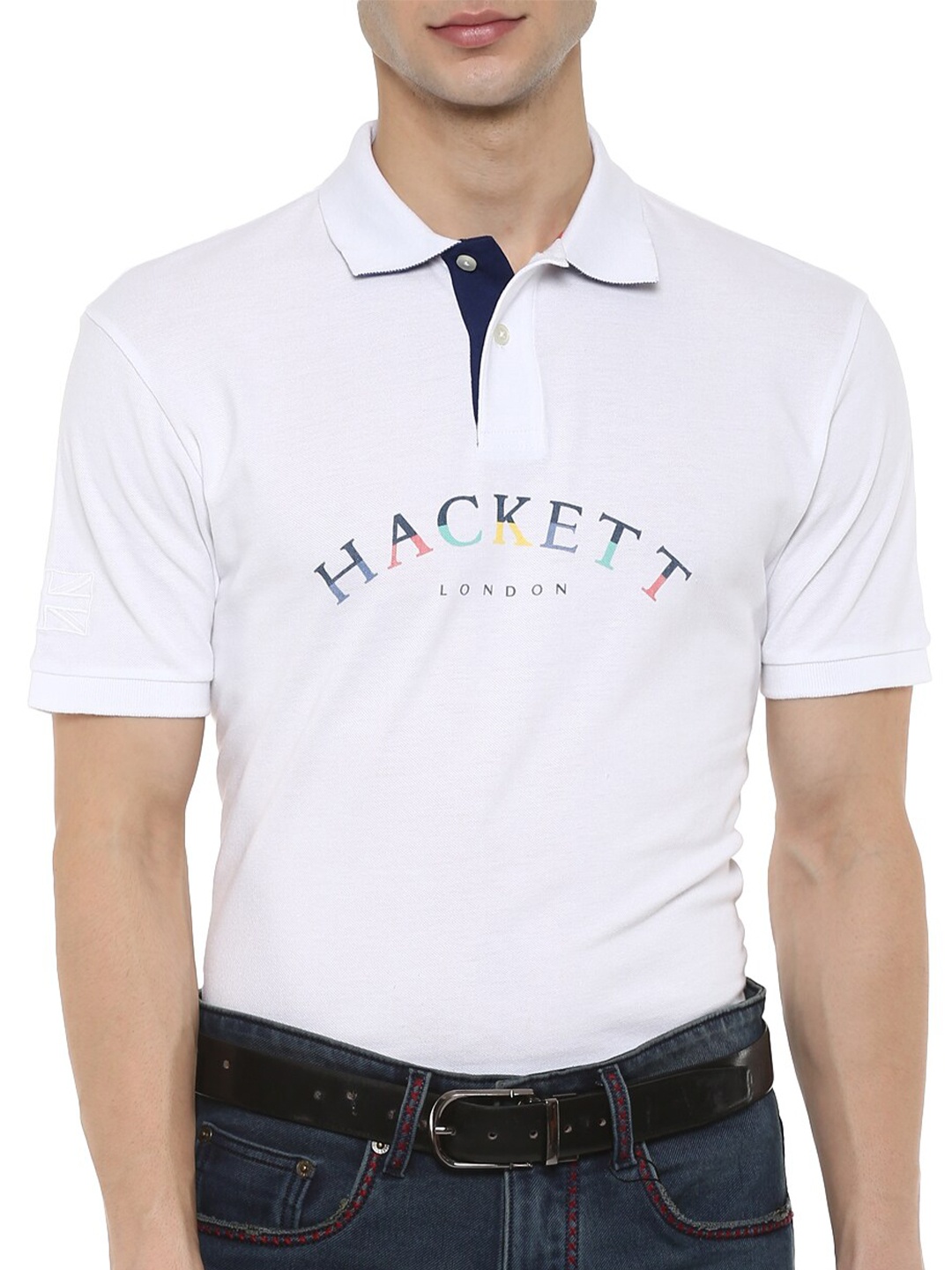 

HACKETT LONDON Men White Typography Printed Polo Collar Applique T-shirt