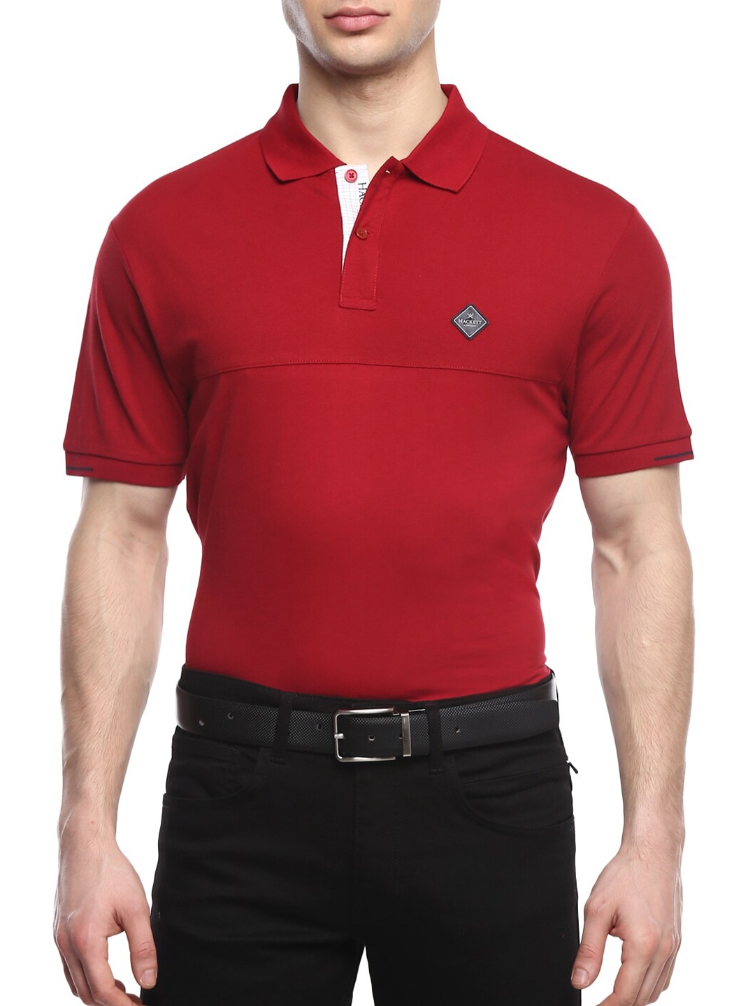 

HACKETT LONDON Men Red Polo Collar Applique T-shirt