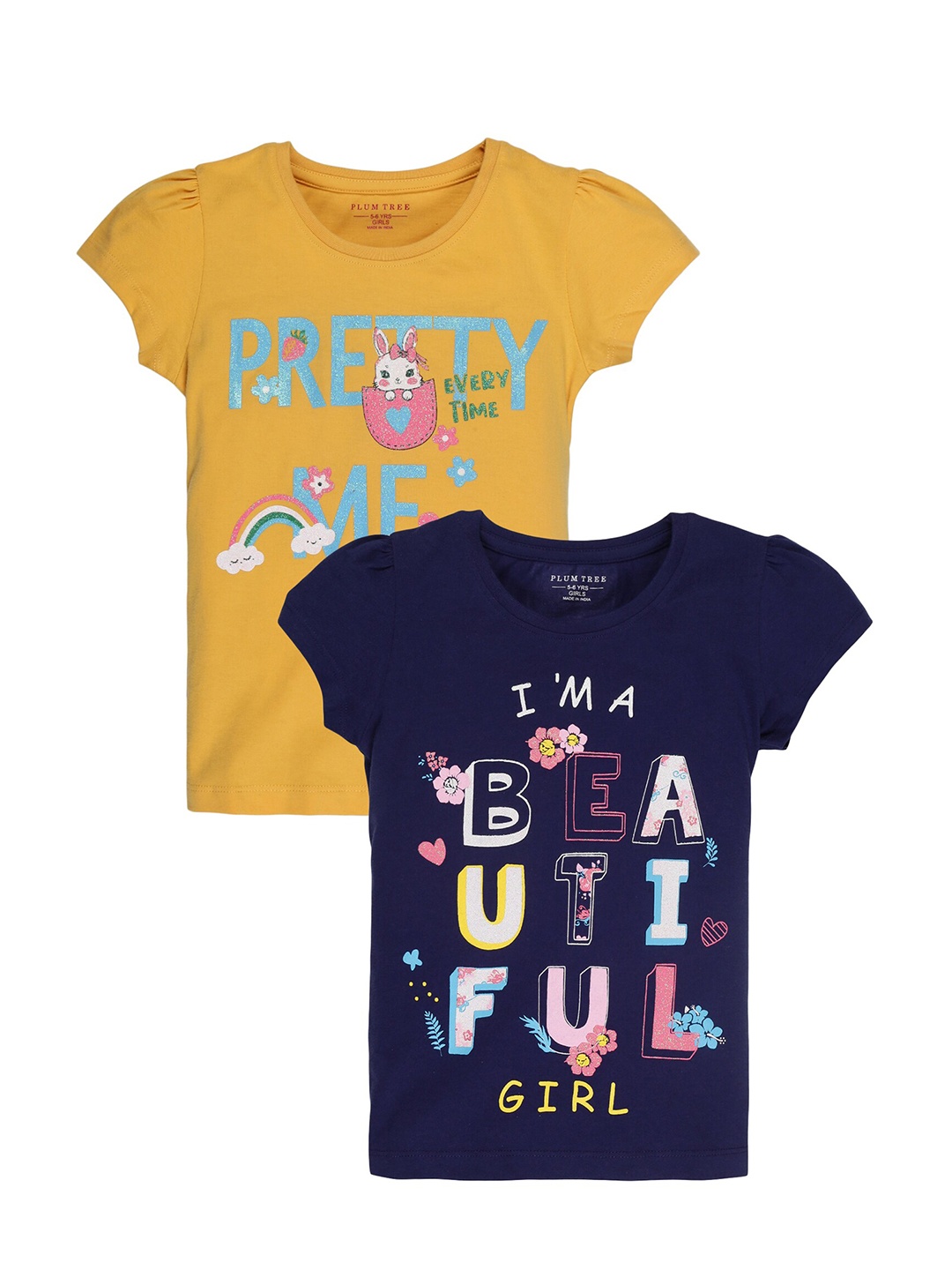 

PLUM TREE Girls Pack Of 2 Navy Blue & Yellow Typography Printed T-shirt