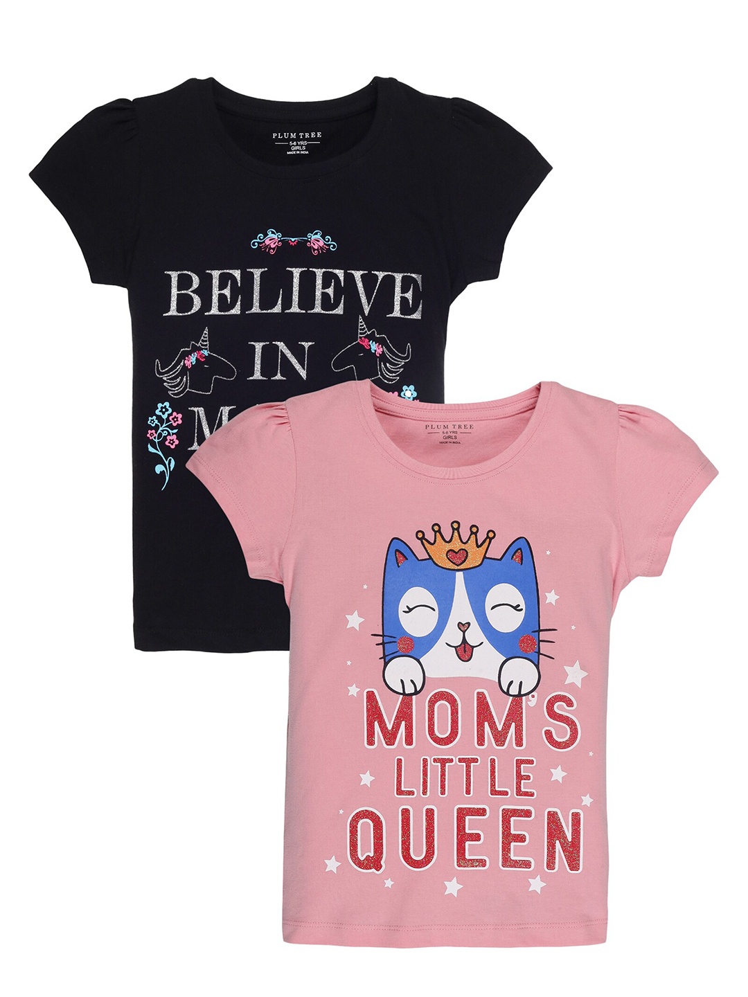 

PLUM TREE Girls Pack Of 2 Pink & Black Printed T-shirt