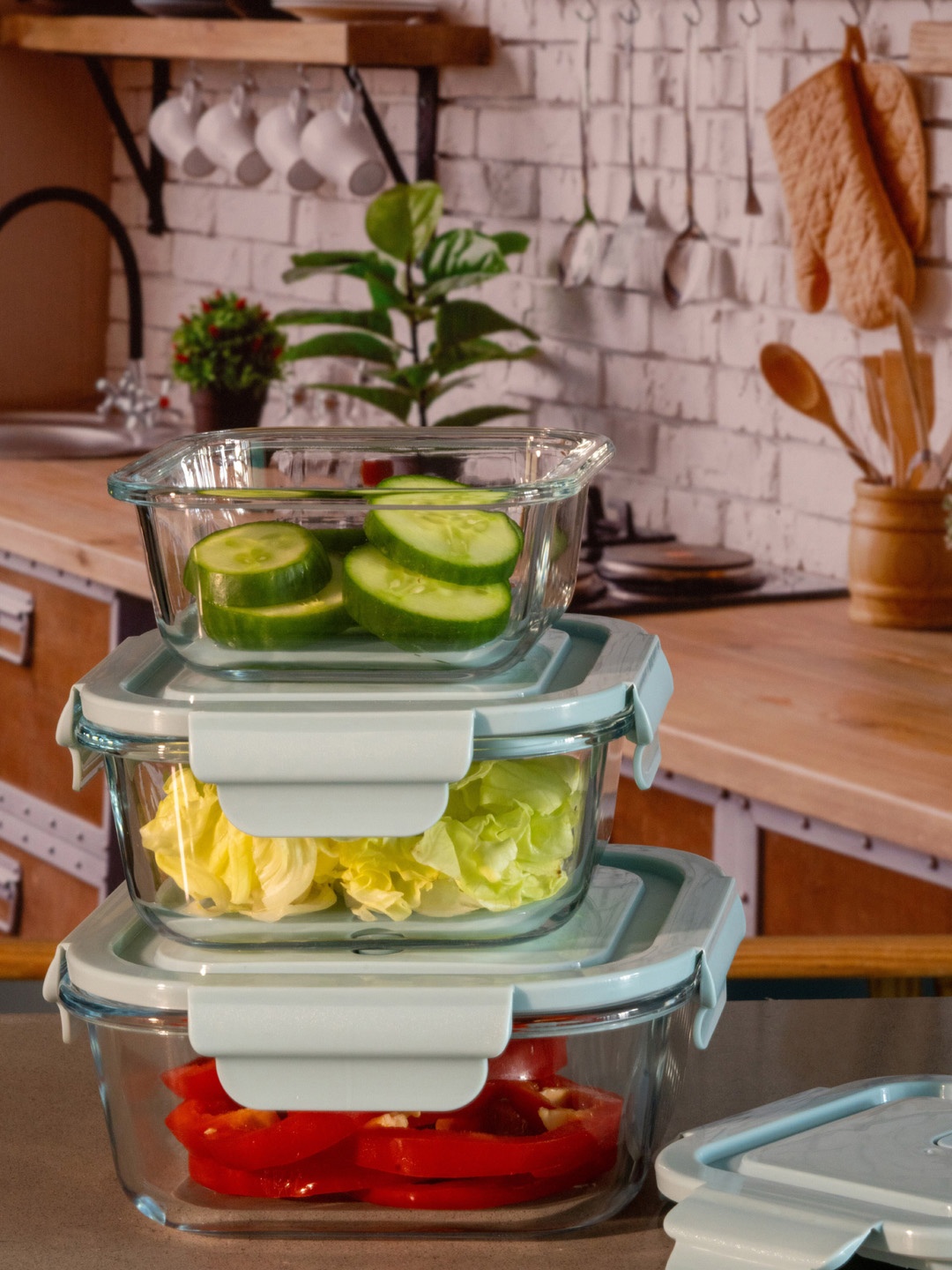 

GOODHOMES Set Of 3 Transparent Solid Glass Container With Airtight Lid