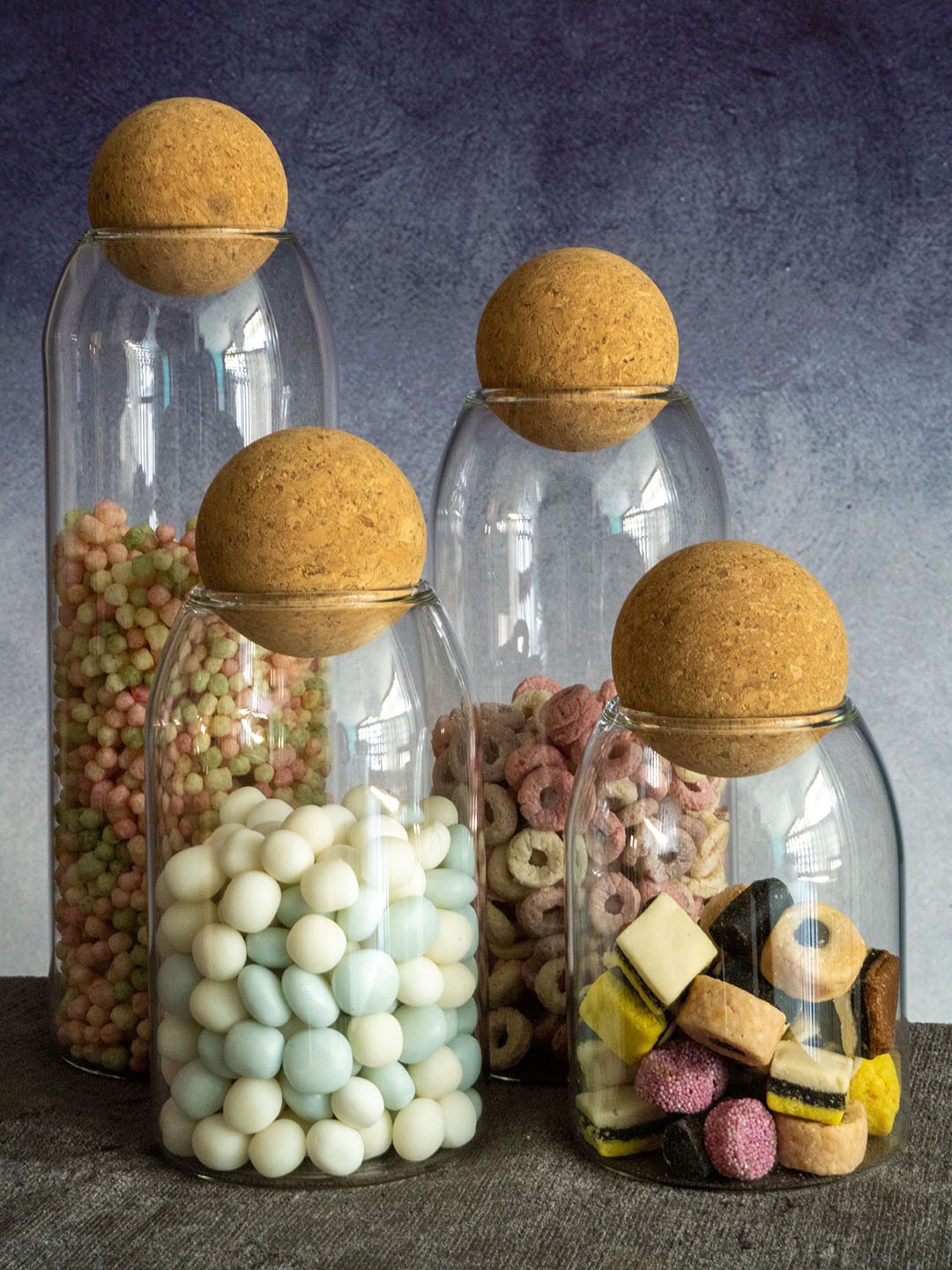 

GOODHOMES Set Of 4 Transparent Solid Glass Storage Jars With Cork Ball Lid