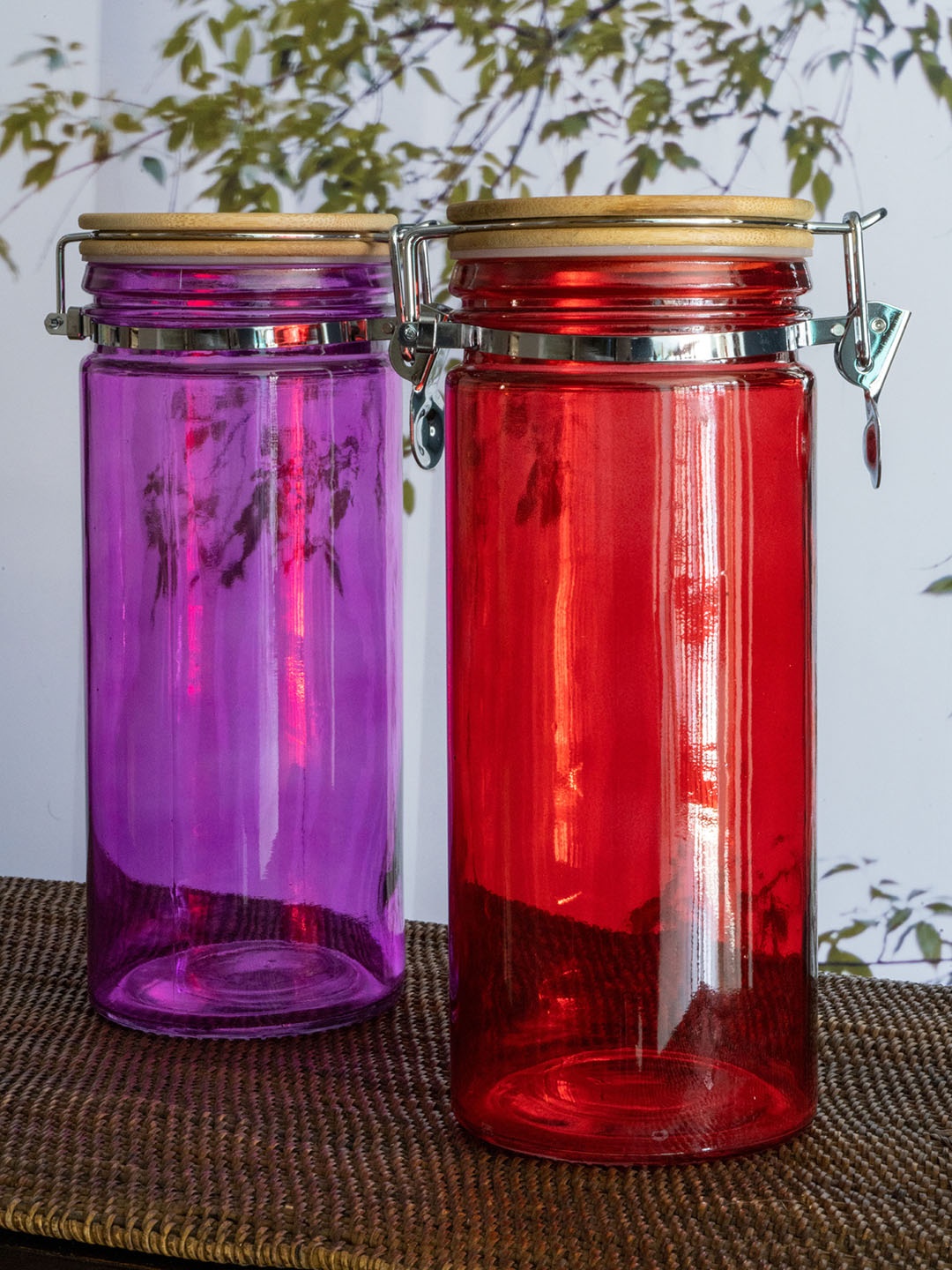 GOODHOMES Set of 2 Solid Glass Storage Jar With Wooden Clip Lid, Transparent