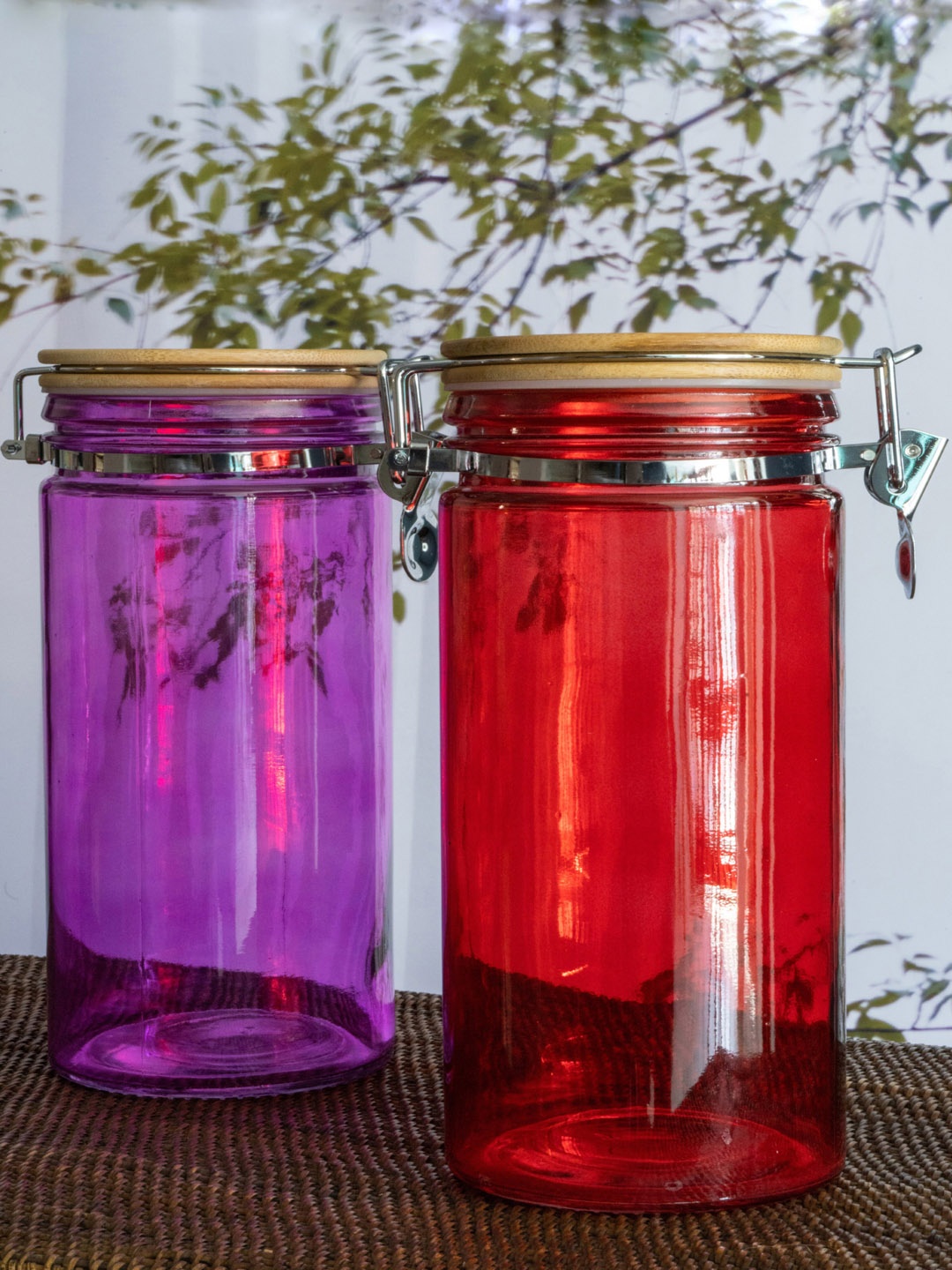 

GOODHOMES Set Of 2 Red & Purple Solid Storage Jars With Wooden Lids