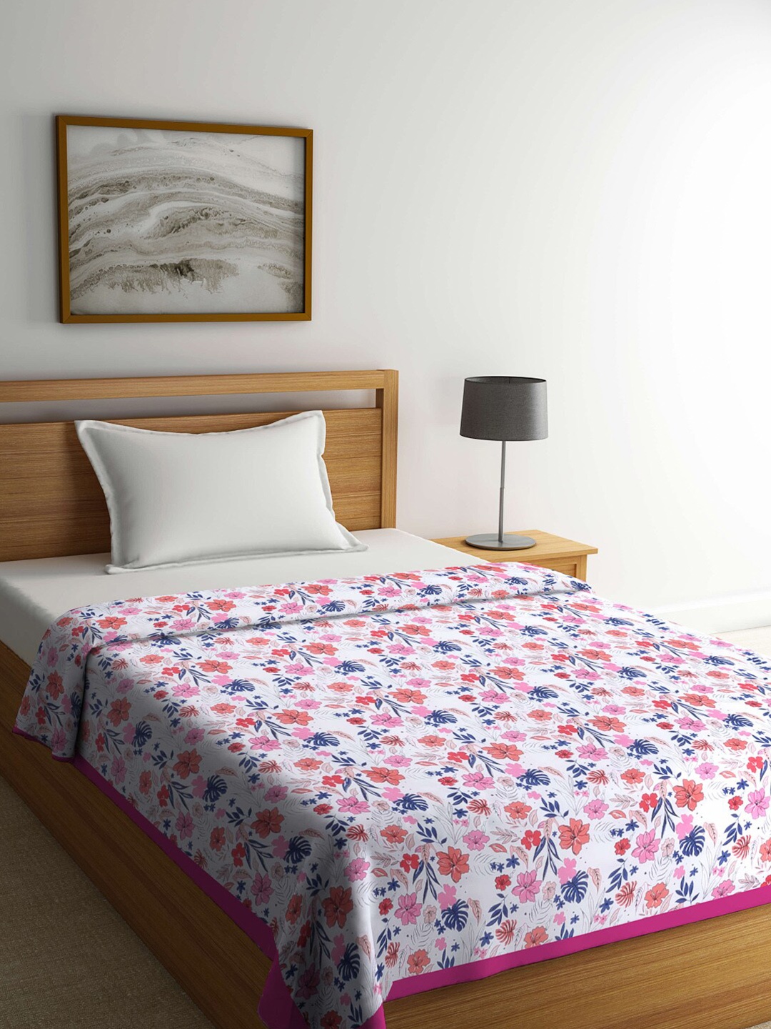 

KLOTTHE White & Pink Floral Mild Winter 233 GSM Single Bed Dohar