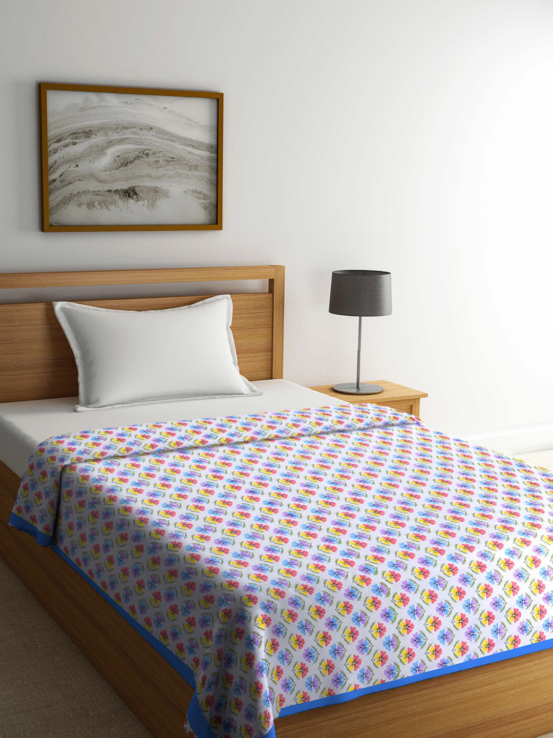 

KLOTTHE White & Blue Floral Mild Winter 233 GSM Single Bed Dohar