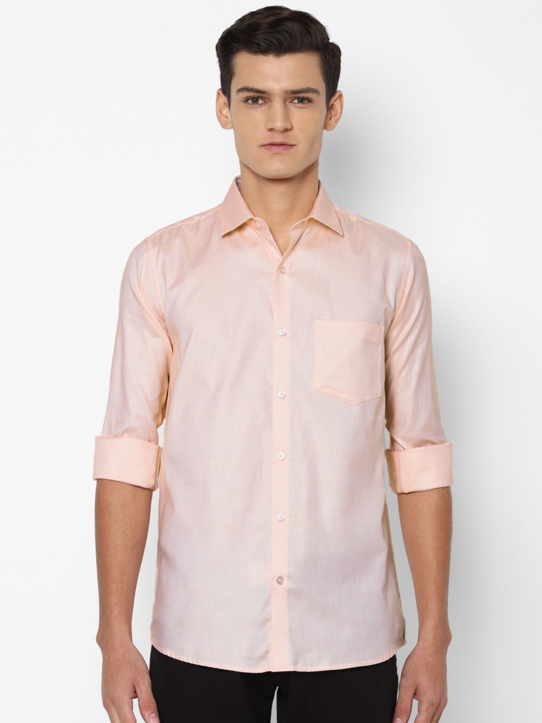 

Allen Solly Men Peach-Coloured Textured Slim Fit Pure Cotton Casual Shirt