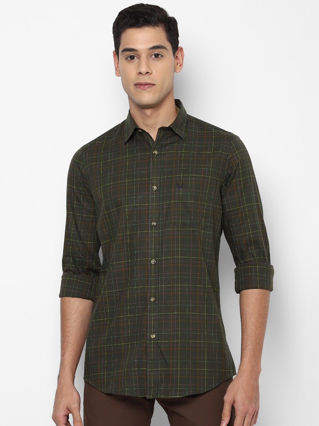 

Allen Solly Men Olive Green Slim Fit Tartan Checks Checked Casual Shirt