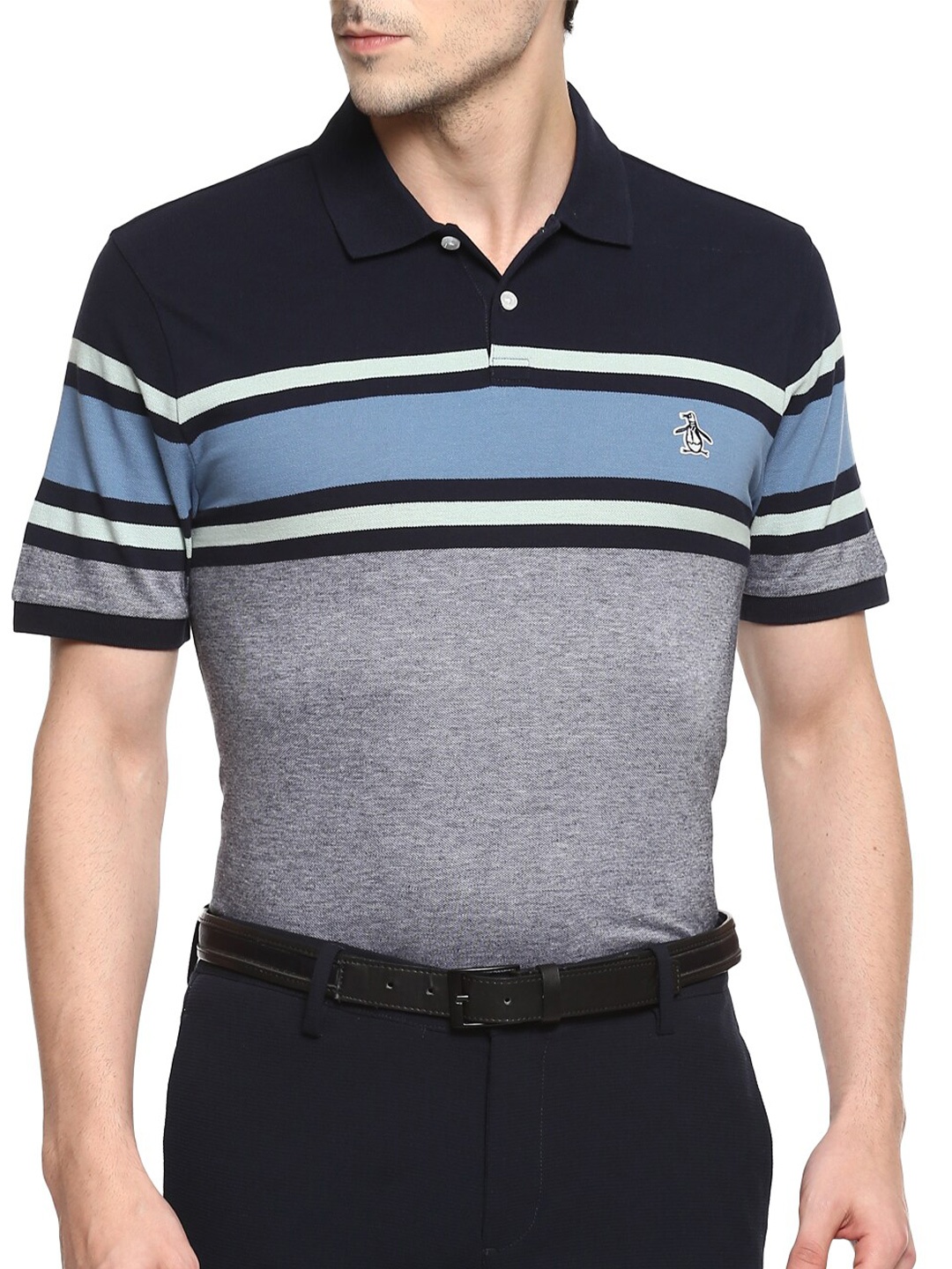 

Original Penguin Men Navy Blue Colourblocked Polo Collar Applique T-shirt
