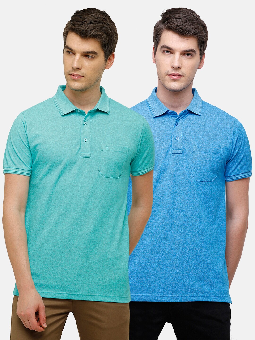 

Classic Polo Set Of 2 Men Blue & Sea Green Polo Collar Pockets Slim Fit T-shirt